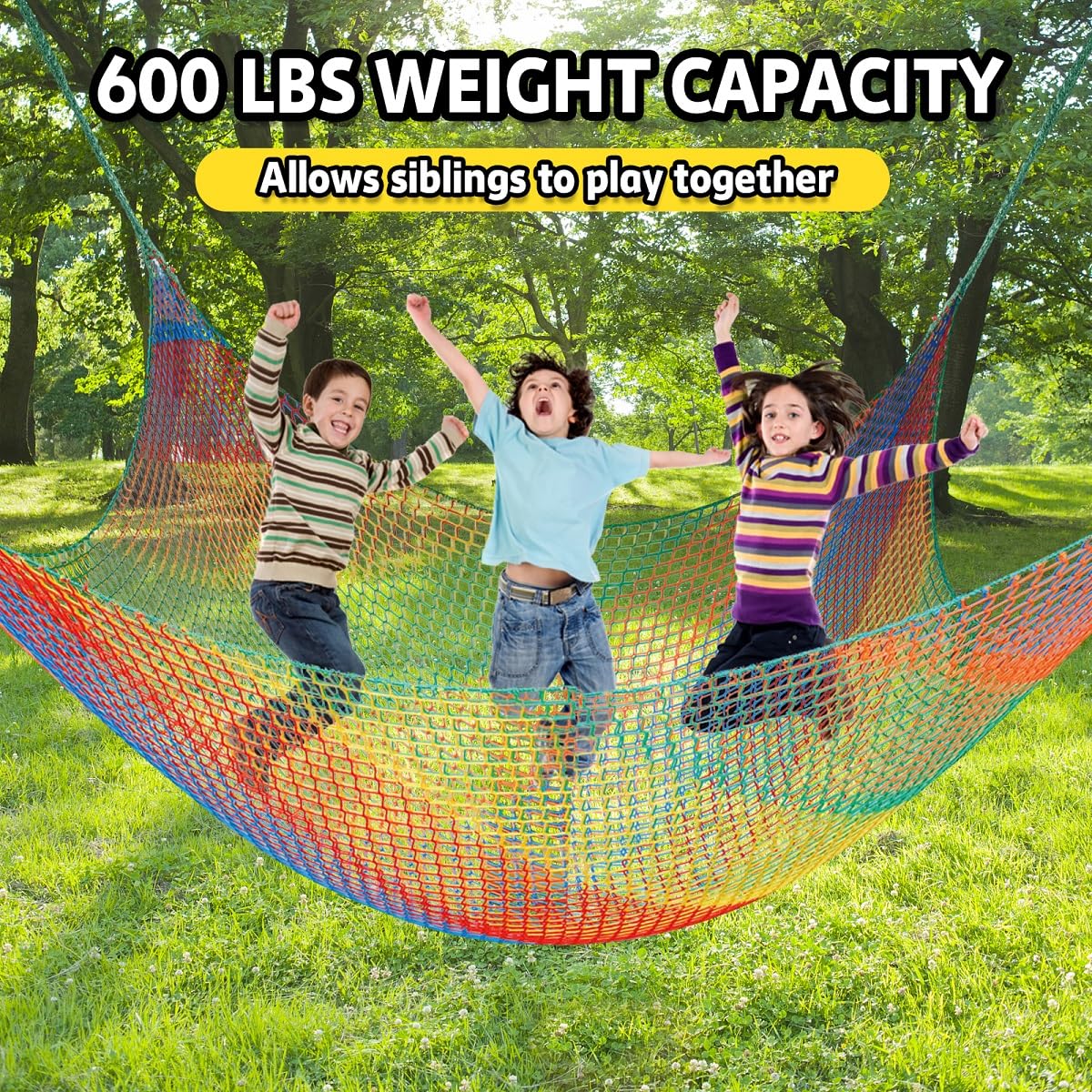 LPIW Climbing Net for Kids - 9.9FT x 9.9FT Double Layers Heavy Duty Playground Safety Net, Climbing Cargo Net for Tree House Tree Fort, Back Yard, Jungle Gyms, Monkey Bar Security Mesh（Rainbow）