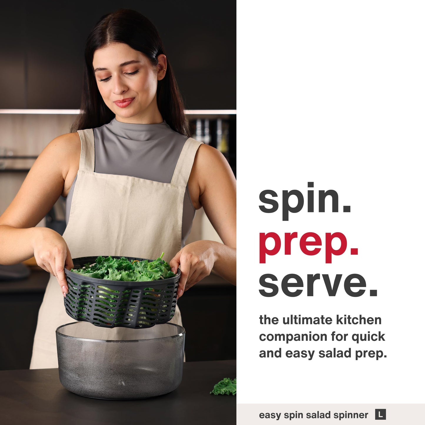 Zyliss Easy Spin Salad Spinner - Fruit & Veggie Dryer - Produce Spinner & Cleaner for Salad Prep - Dishwasher-Safe Kitchen Essential - Non-Slip Bowl with Pull Handle - Grey Easy Spin Large