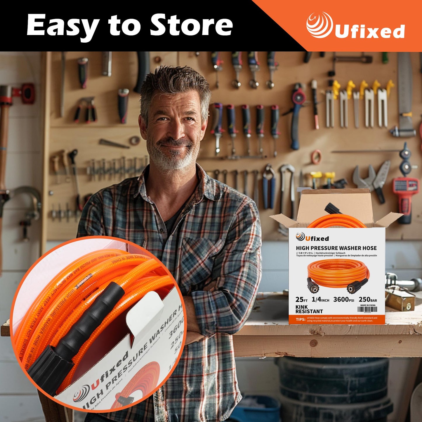 1/4 Pressure Washer Hose 25FT 3600 PSI, Ufixed Power Washer Hose Kink Free High Pressure Hose M22 14MM Solid Brass Fittings Pressur Washer Replacement Hose Light Weight Orange-red