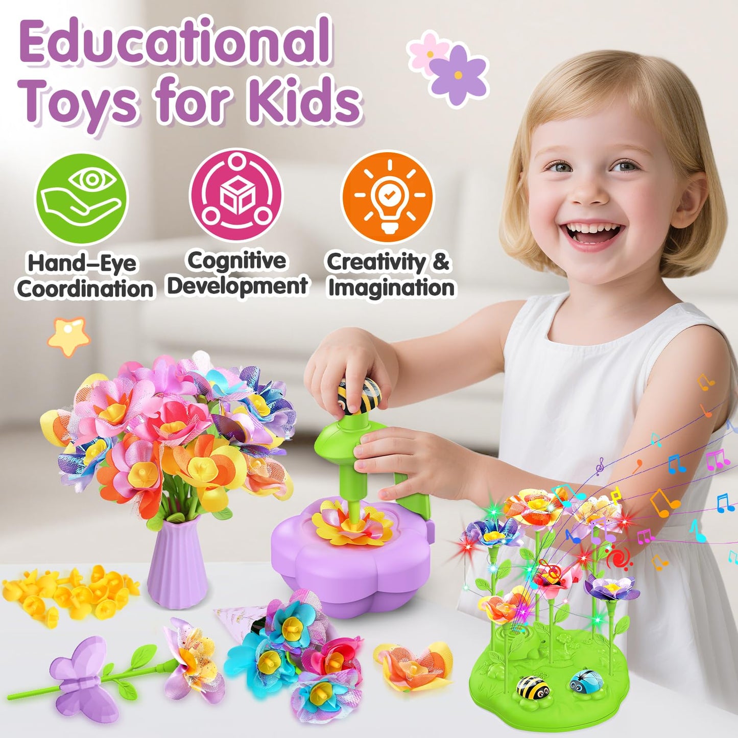 Fabric Flower Bouquets Toys, DIY Arts and Crafts Kit Toys for Kids Ages 4-8, Preschool Educational Activity Toy, Toddler Girls Christmas Birthday gifts for 4 5 6 7 8 Year Old Girl