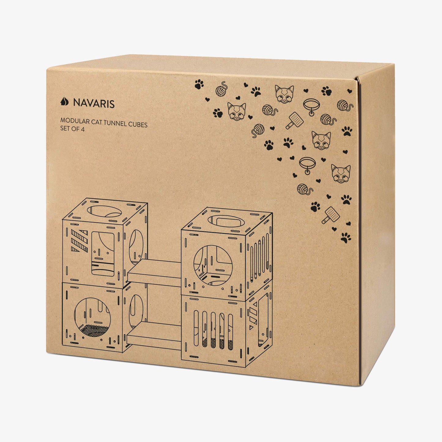 Navaris Modular Cardboard Cat House - DIY Corrugated Cardboard Configurable Play Tower Condo for Small Cats, Kittens, Rabbits - 4 Cubes with 2 Bridges