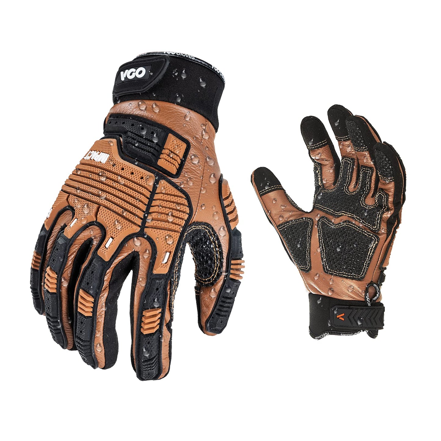 Vgo 2Pairs Safety Leather Work Gloves,Mechanics Gloves,Impact Gloves,Anti-Vibration Gloves,Rigger Gloves,Heavy Duty,Water Resistant(L,Brown,CA7722IP)