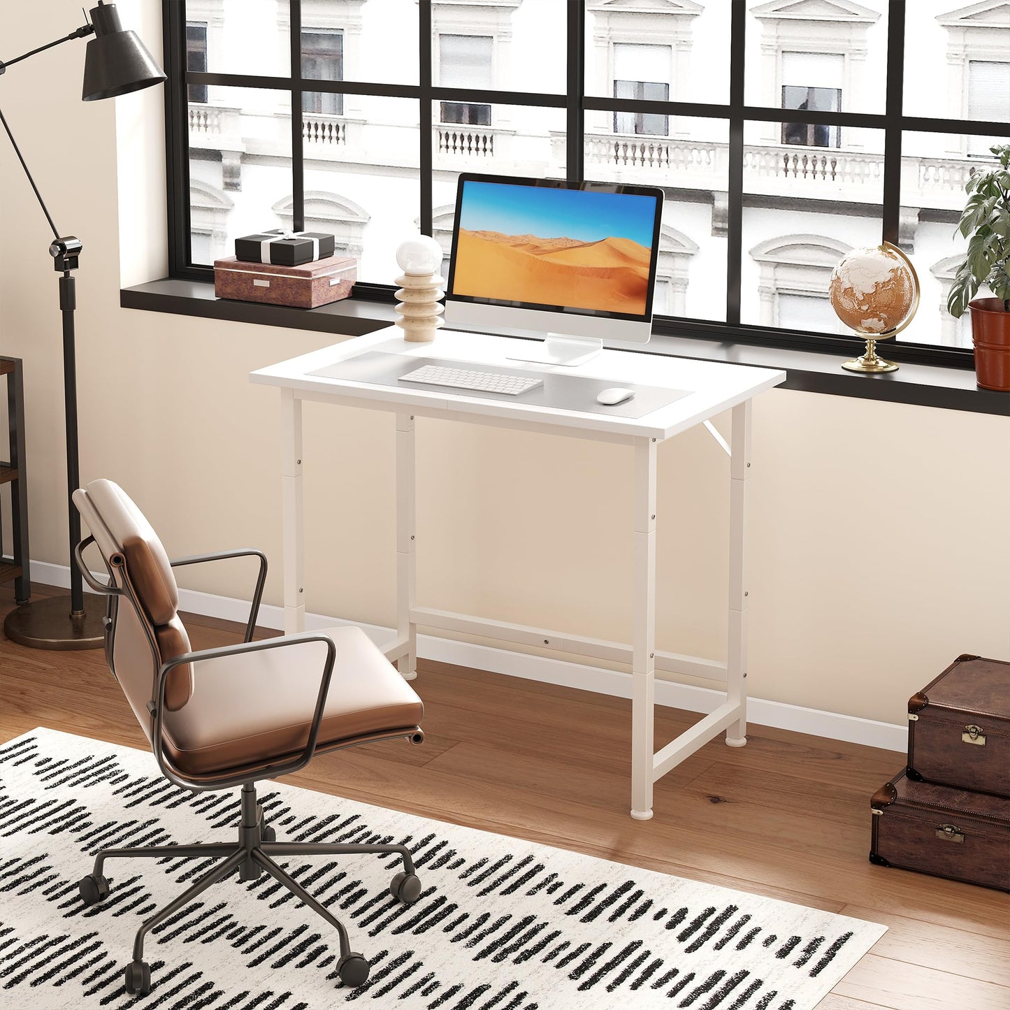 Flrrtenv 23.6 Inch Computer Desk, Small Writing Study Desk with Sturdy Metal Frame, Gaming Table with Desk Pad for Home Office, White