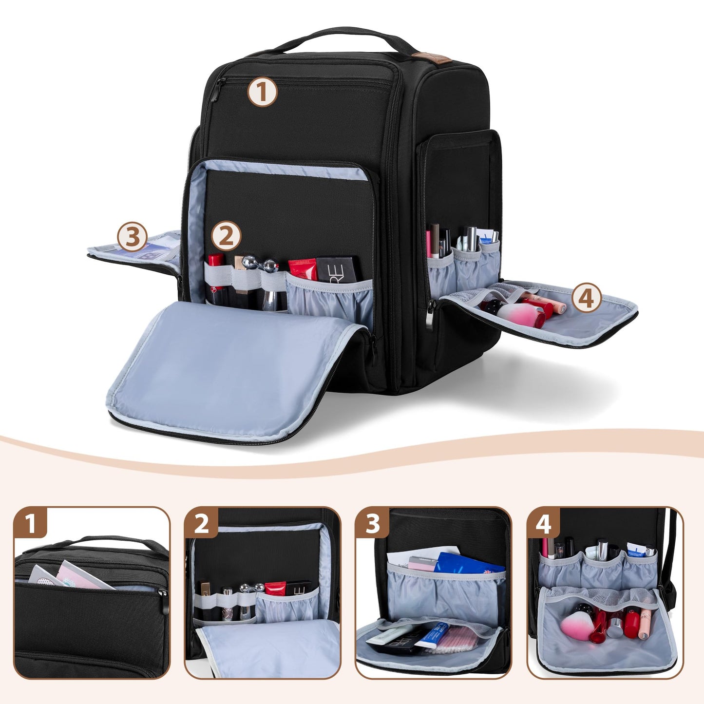 BAFASO Makeup Backpack with 4 Inner Removable Pouches and 1 Makeup Brush Bag, Makeup Artist Bag Tattoo Bag Backpack with Multiple Storage Space, Black