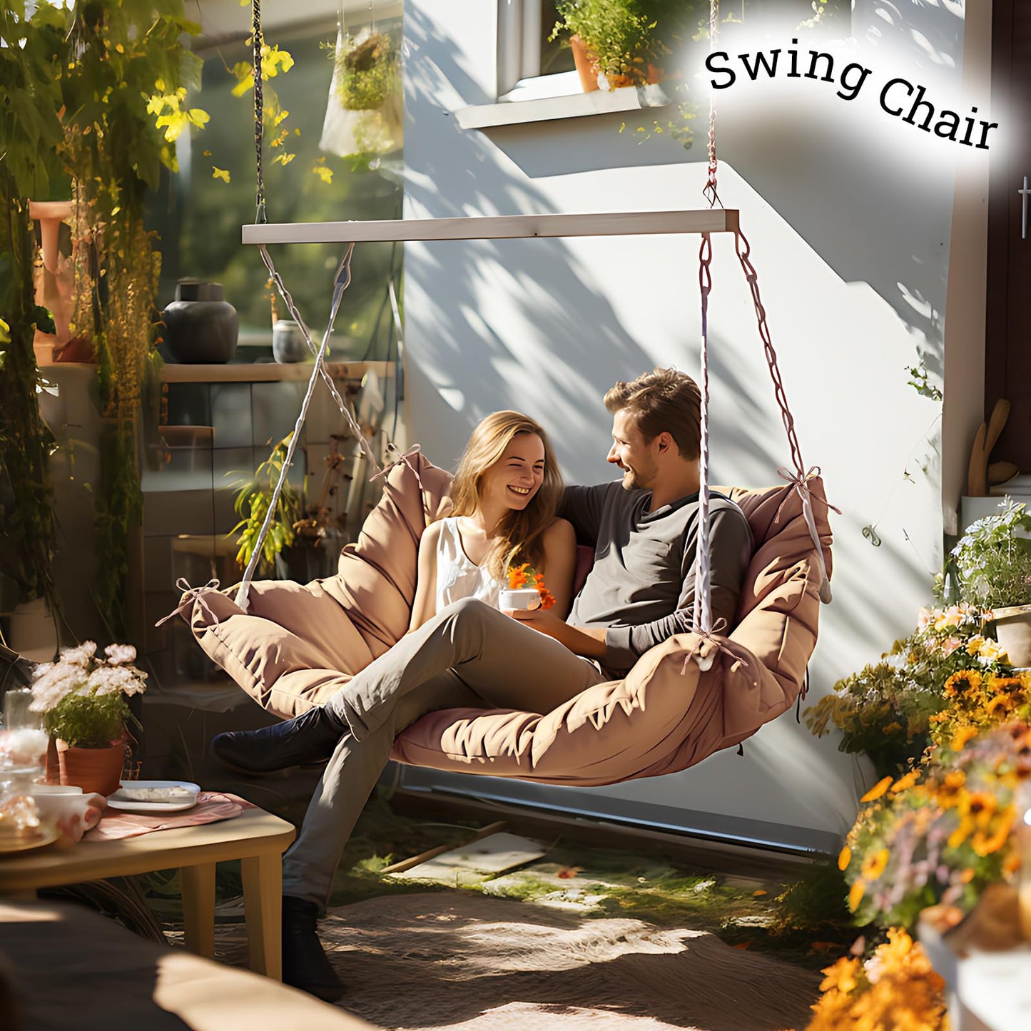 Matalde Outdoor Cushions for Patio Furniture, Patio Furniture Cushions with backrest and Straps, Khaki, 60x40 inches, 4" Thick,Porch Swing Cushions for Lawn, Backyard and Garden