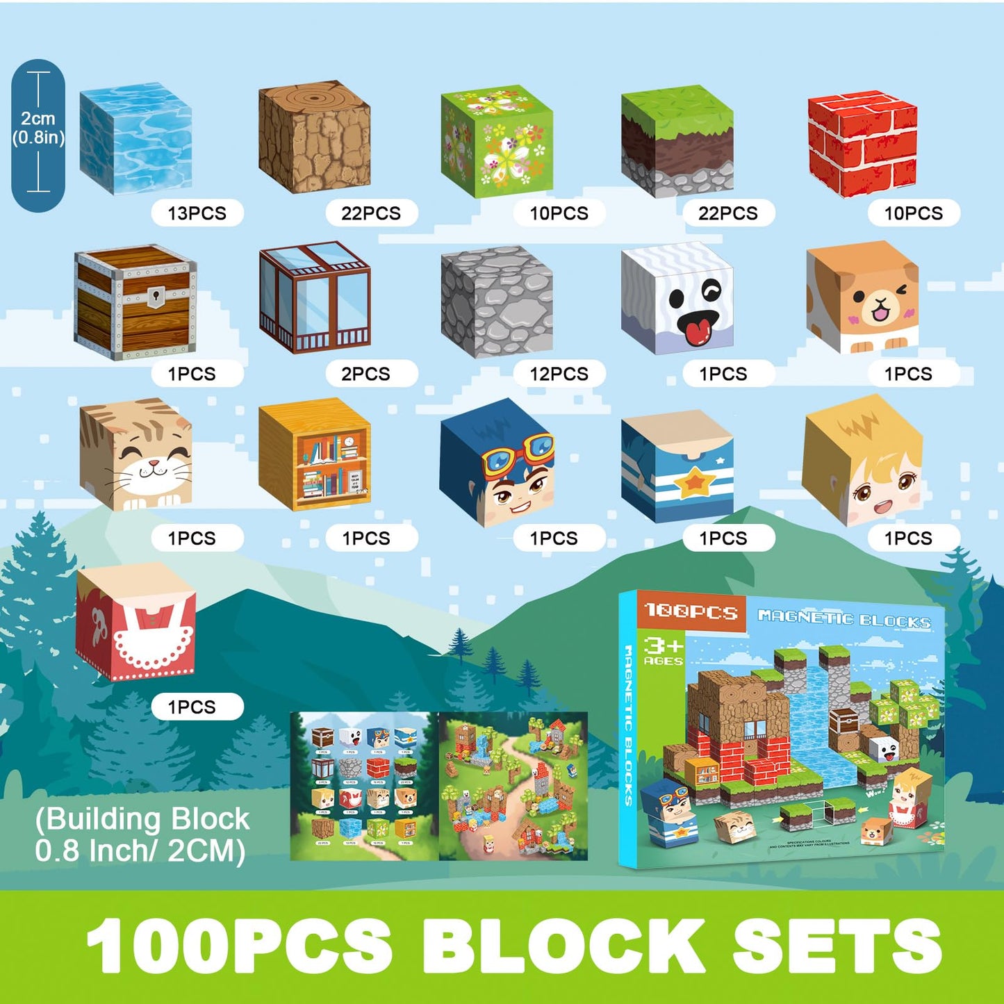 Magnetic Blocks 100 PCS Magnetic Building Blocks, 3+ STEM Montessori Sensory Toys, Magnetic Cube for for 3 4 5 6 7 8 9 10 11 12 8-12 Years Old Boys & Girls Birthday Gifts (Forest)