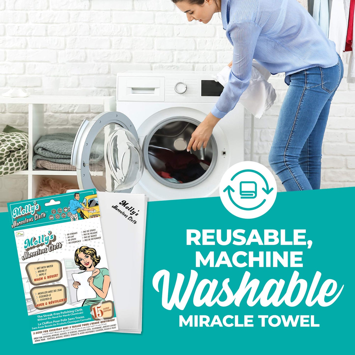 Molly’s Marvelous - Streak-Free Polishing Cloth, Lint-Free Microfiber Cleaning Cloth, Glass Cleaning Cloth and Window Cleaning Cloth, White (16" by 15.75") (15pk)