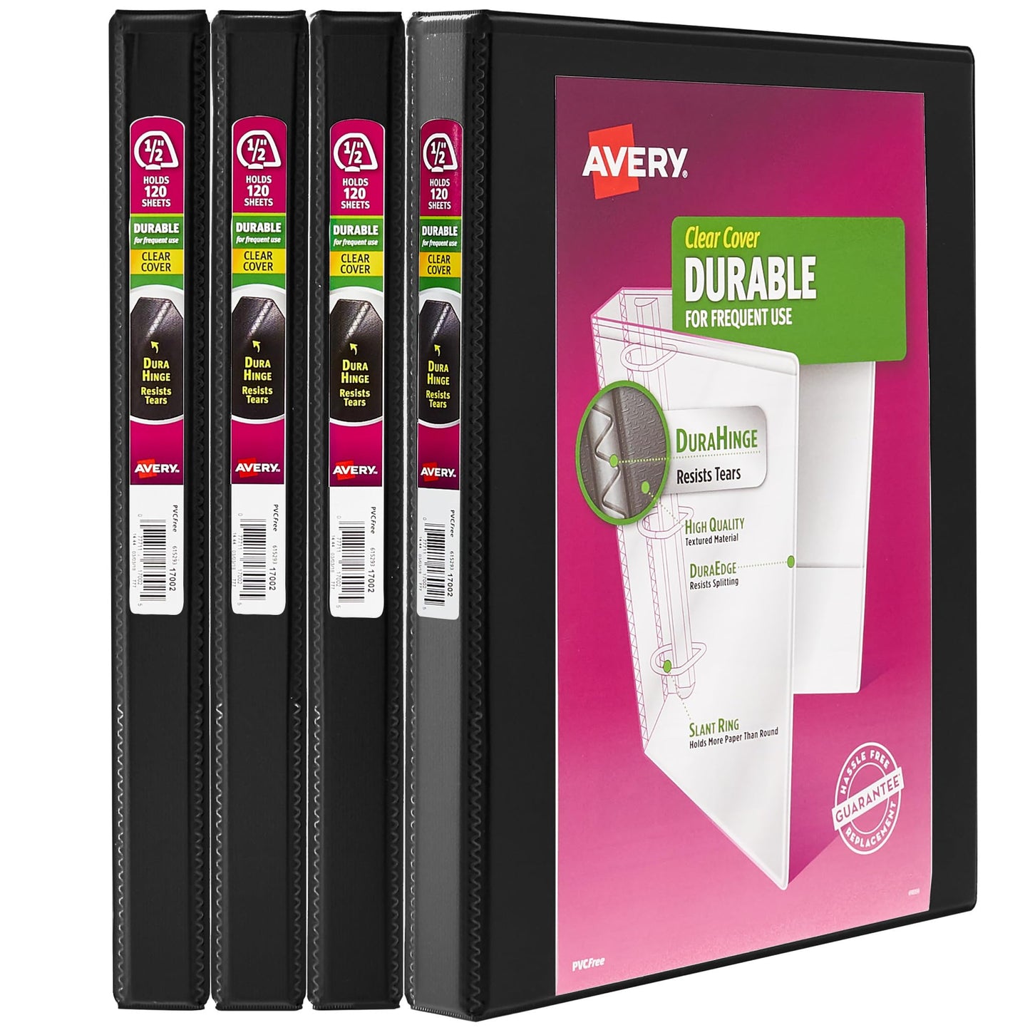 Avery Durable View Binder, 1/2" Slant Rings, 120-Sheet Capacity, DuraHinge, Black, Pack of 4 (5736)