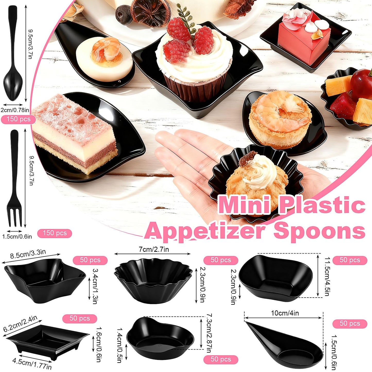 600 Pcs Mini Disposable Appetizer Plates Set, 6 Shapes Plastic Dessert Cups and Spoons, Forks for Parties, Weddings, Buffets, Mousse, Ice Cream, Snacks (Transparent)