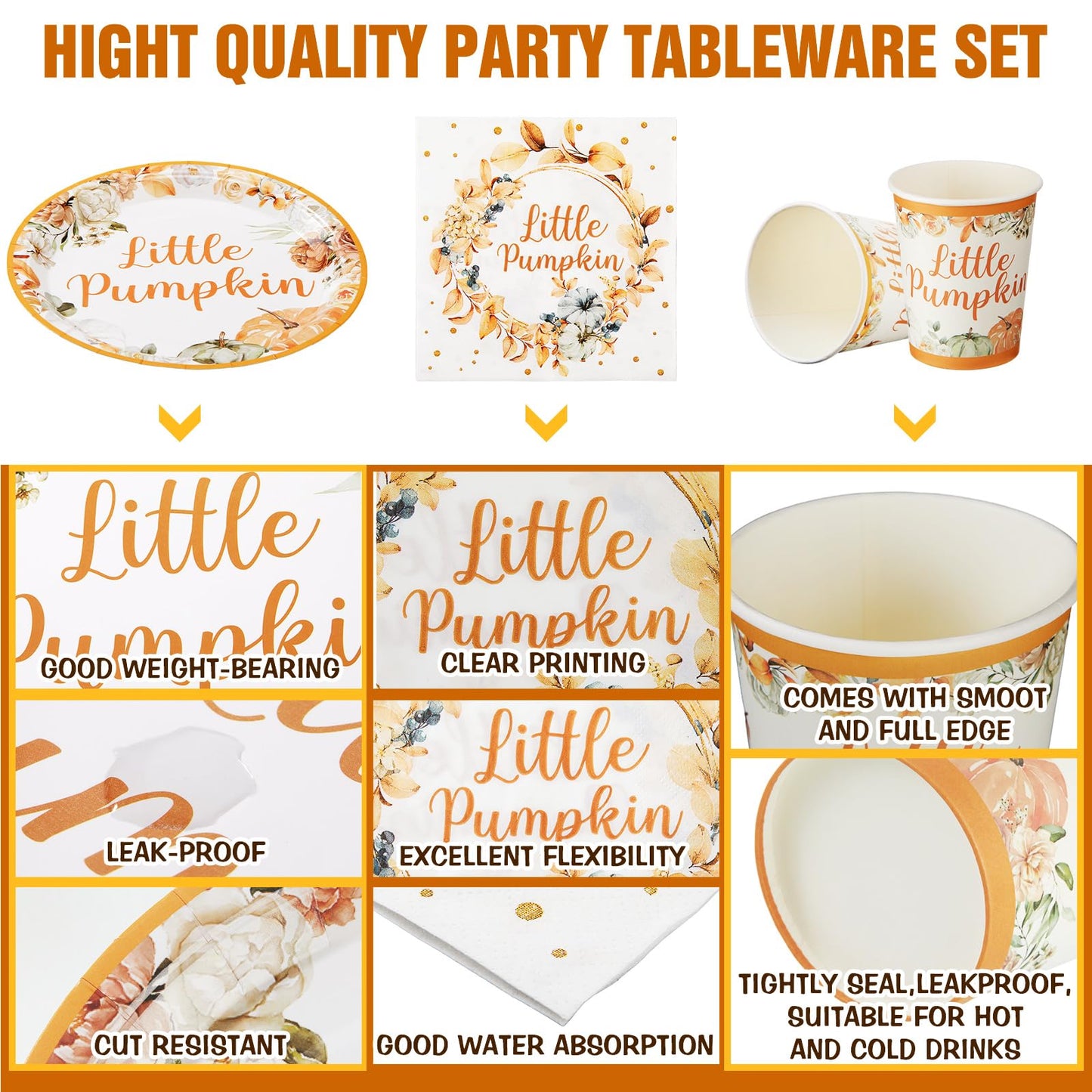 150 Pcs Little Pumpkin Baby Shower Party Decoration Set Serves 50 Fall Disposable Dinnerware Set Dinner Dessert Plates Cups Napkins Autumn Farm Tableware Thanksgiving Party Supplies