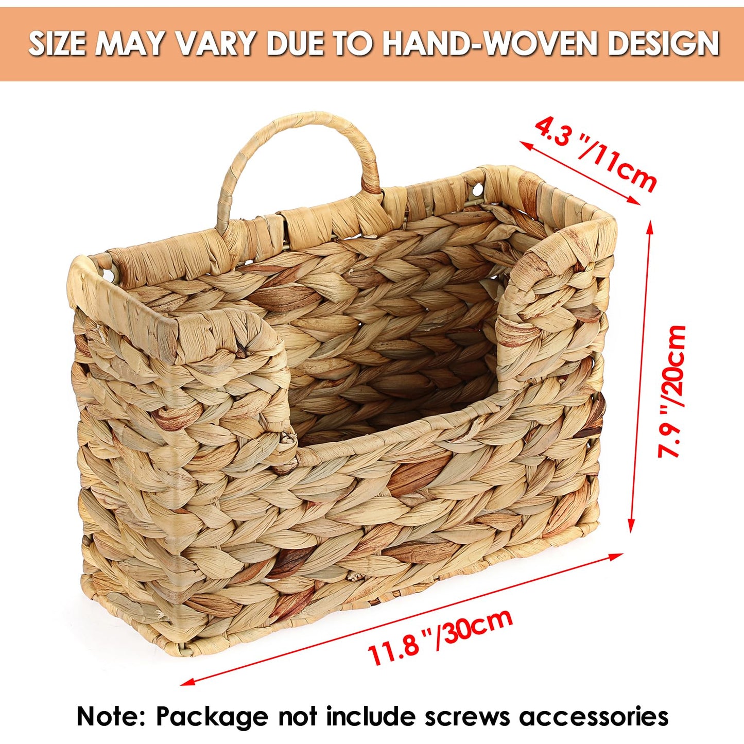 BTSKY Mail Organizer Wall Mounted File Holder Natural Water Hyacinth Magazine Basket Wall Hanging Magazine Holder Mail Storage Basket Bin for Home Office, 11.8 x 4.3 x 7.9 Inch