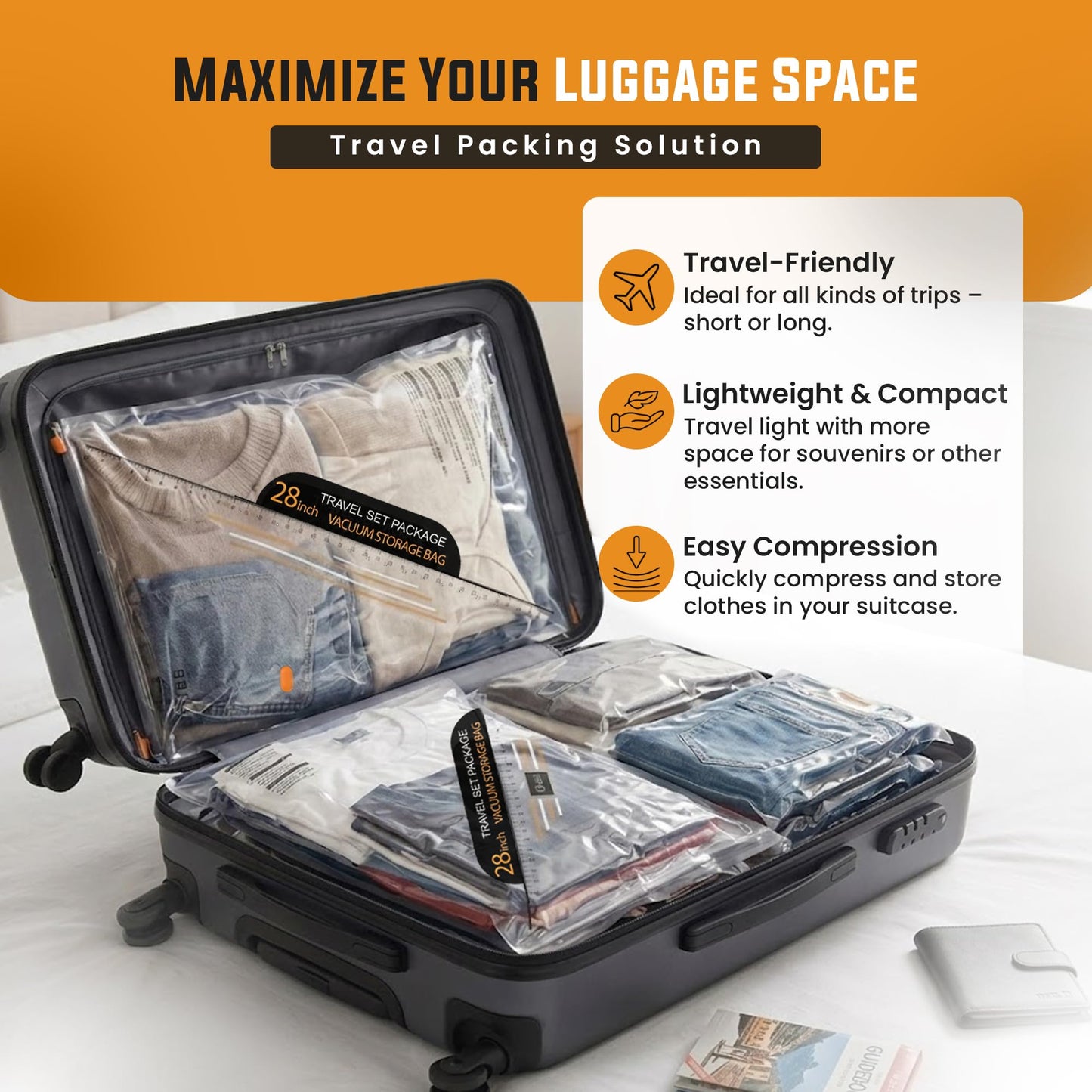 15 Pack Vacuum bags for travel with Rechargeable & Portable Electric Pump (6 Small, 5 Medium, 4 Large) - Vacuum sealer bags for clothes, Blankets and Luggage - space saver vacuum storage bags