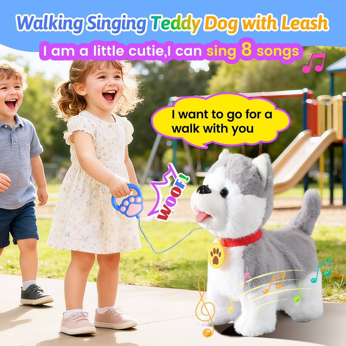 Walking Barking Singing Husky Puppy Toy, Repeats What You Say, Realistic Licking Tongue Wagging Tail Mechanical Dog with Electronic Touch or Voice Control, Interactive Music Dancing Plush Pet for Kids