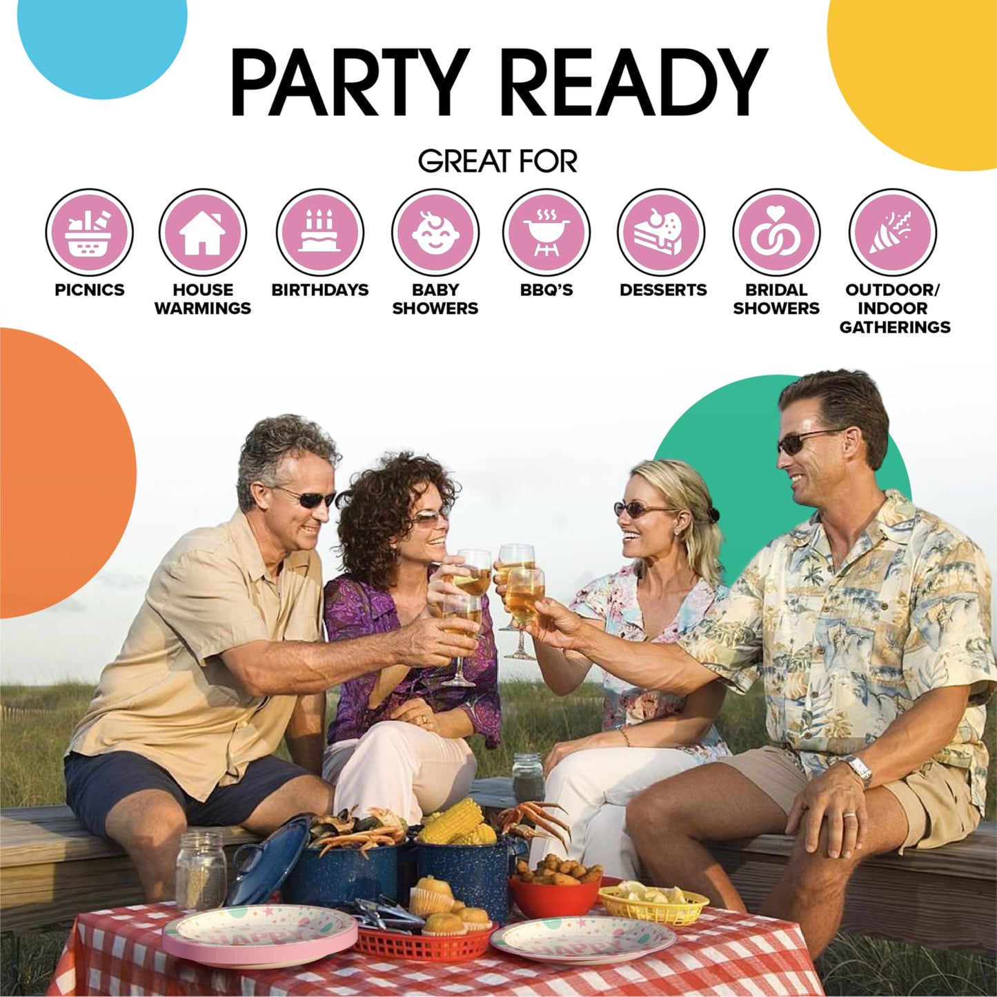 Exquisite Party Solids 9" Pink Happy Birthday Plates Paper Party Plates Disposable Heavy Duty 50 Pcs 350 GSM for Birthday Decorations
