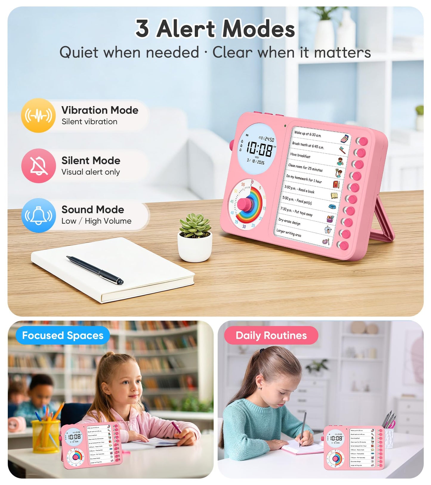 3-in-1 Visual Timer & ADHD Tool for Kids – ADHD Task Timer for Adults with Visual Schedule, Chore Chart & Planning Board for Home, School, Classroom, Work (Pink)