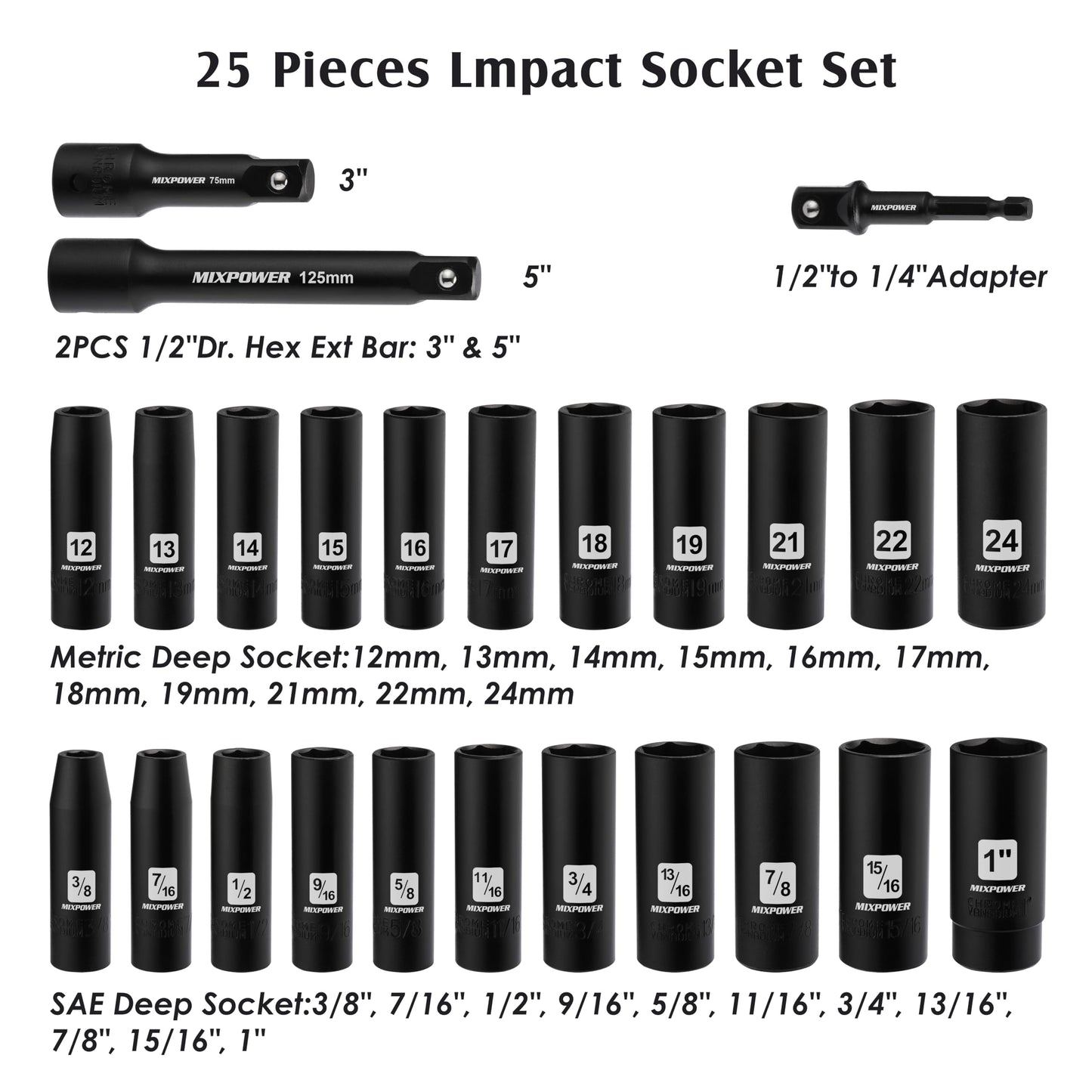 MIXPOWER 25 Pieces 1/2-Inch Drive Deep Impact Socket Set, CR-V, Metric/SAE, Includes 12mm to 24mm, 3/8-Inch to 1-Inch, 3", 5" Extension Bars, 1/2"-1/4" Adapter