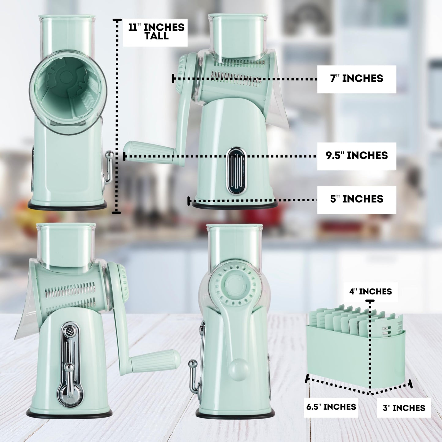 Rotary Cheese Grater 5-in-1 with Handle – Vegetable Slicer, Shredder, Carrot Grater, Nut Grinder & Chocolate Shaver, Durable Stainless Steel Blades (Light Green)