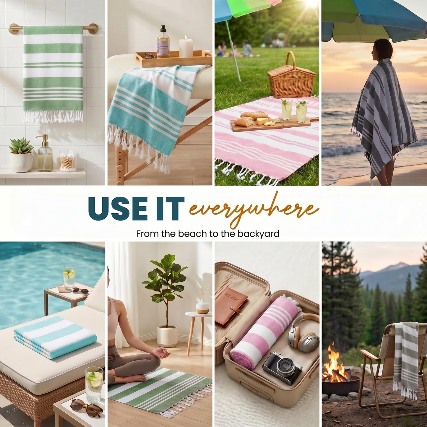 Utopia Towels [4 Pack Turkish Beach Towel (40 x 72 Inches) - 100% Cotton Oversized Sand Free Lightweight & Quick-Dry, Prewashed for Soft Feel Large Peshtemal Towel (Cool Grey, Aqua, Pink, Sea Foam)