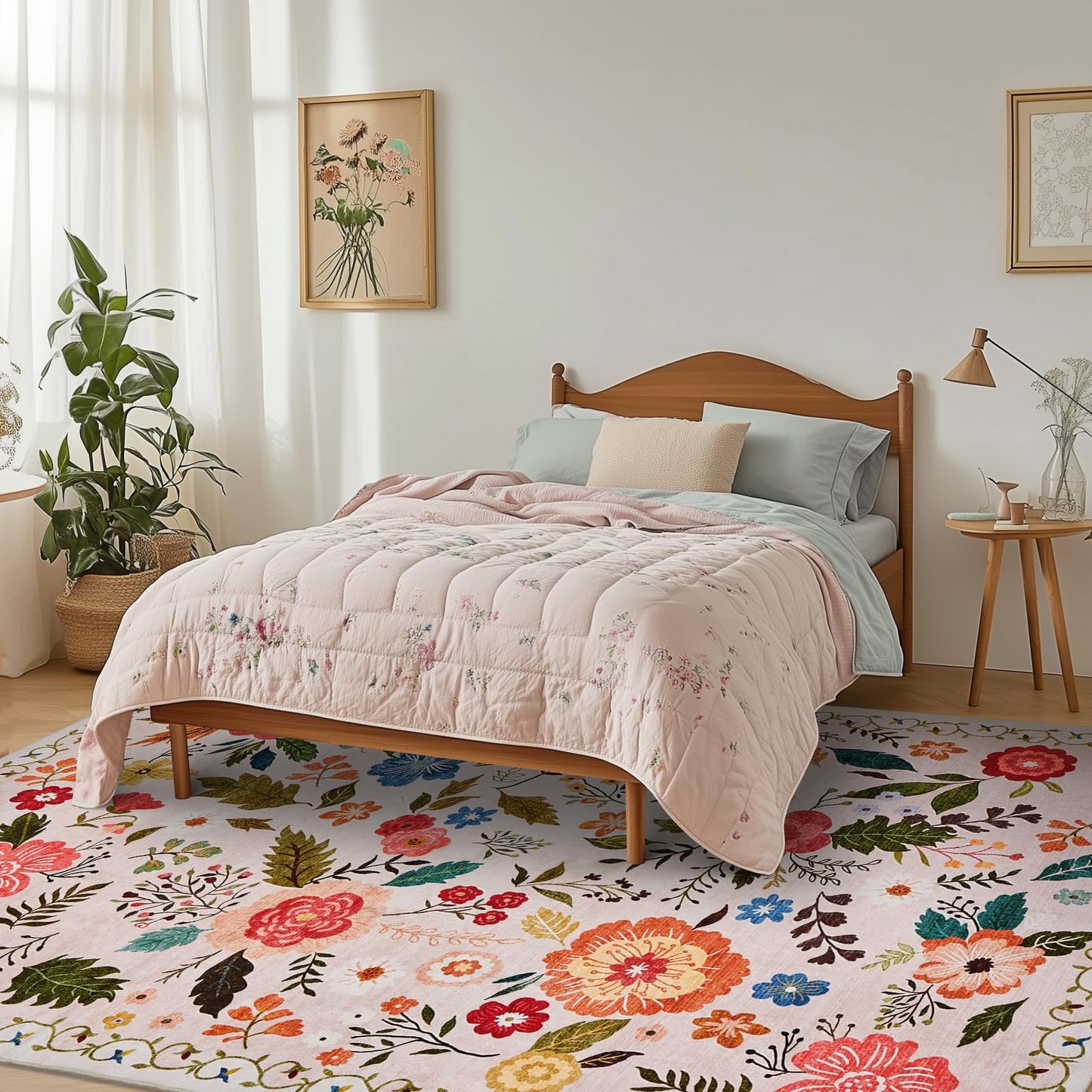 Area Rugs 5x7 for Living Room, Ultra Thin Floral Rug for Bedrooms Shag Non-Slip Soft Washable Indoor, Carpet Boho Low-Pile for Nursery, ‎Dining Room, Office, Farmhouse(Beige with Pink)