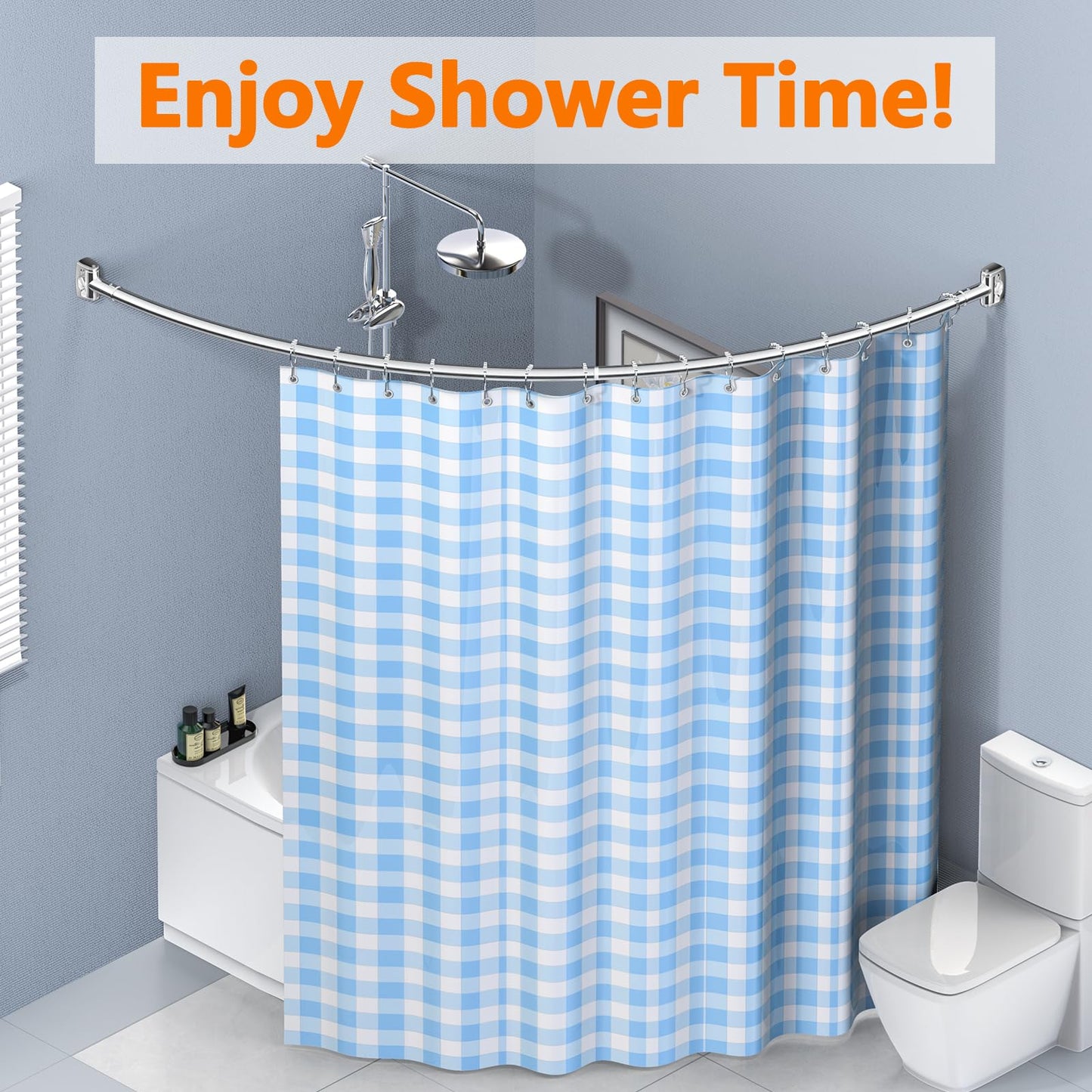 Curved Shower Curtain Rod, Adjustable 45-72 Inches Curved Shower Rod, Rustproof Shower Curtain Rod, Never Fall Telescoping Design for Bathroom, Silver, Need to Drill