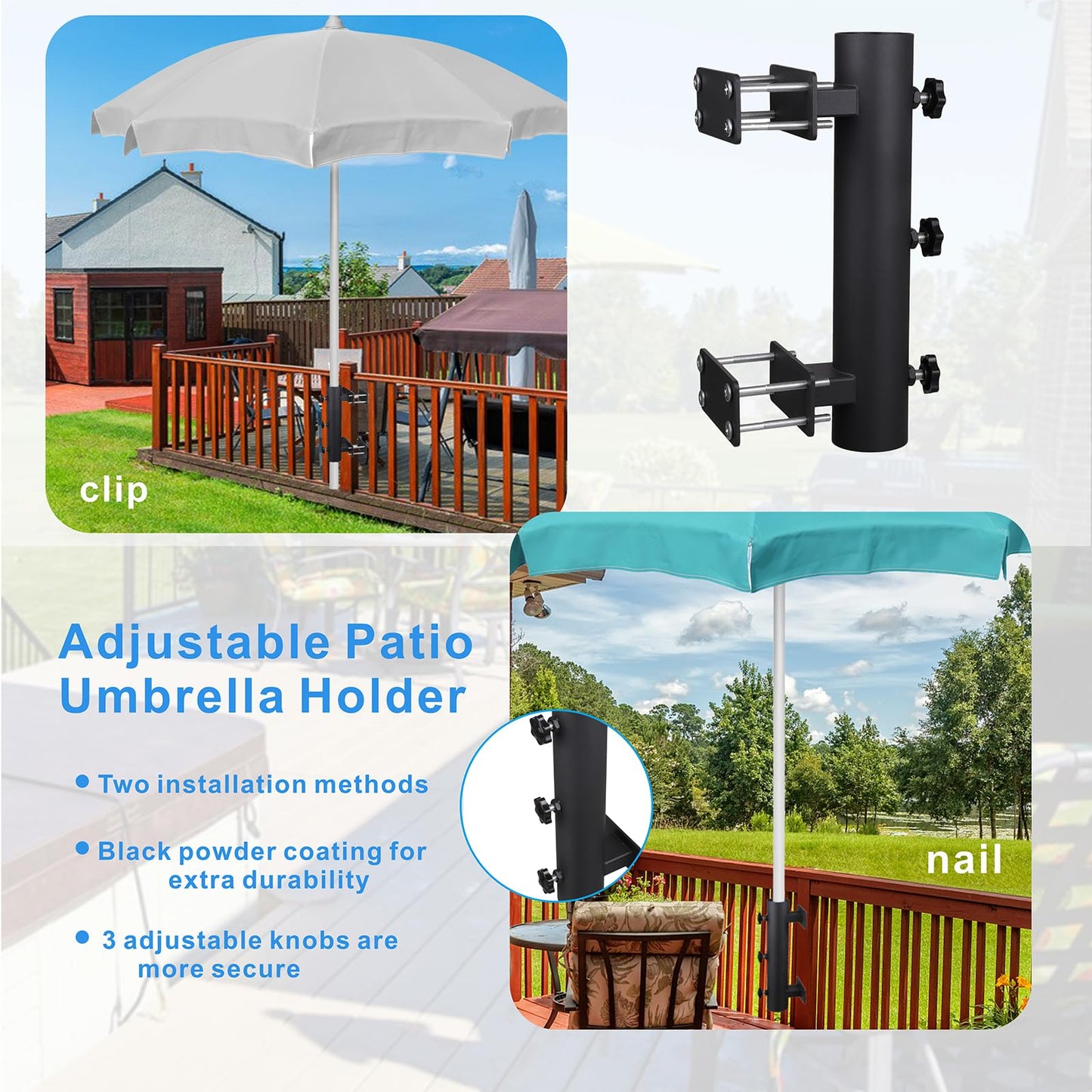 Patio Umbrella Holder, Heavy Duty Adjustable Metal Sun Umbrella Clamp Stand, Deck Umbrella Mount for Deck Railing,Outdoor Courtyard,Balcony