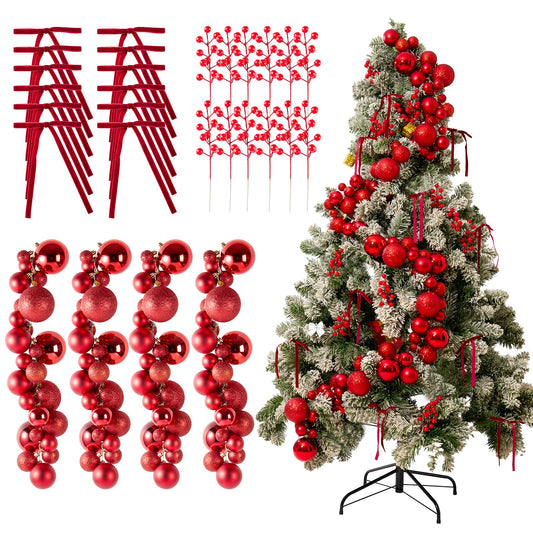 4 Pack 1.8 Feet Christmas Ball Garland Ornaments with 12 Velvet Bows and 12 Berry Picks 120 Balls Hanging Shatterproof Xmas Decor Segmented Garland for Christmas Tree Supplies (Total 7.2 feet)