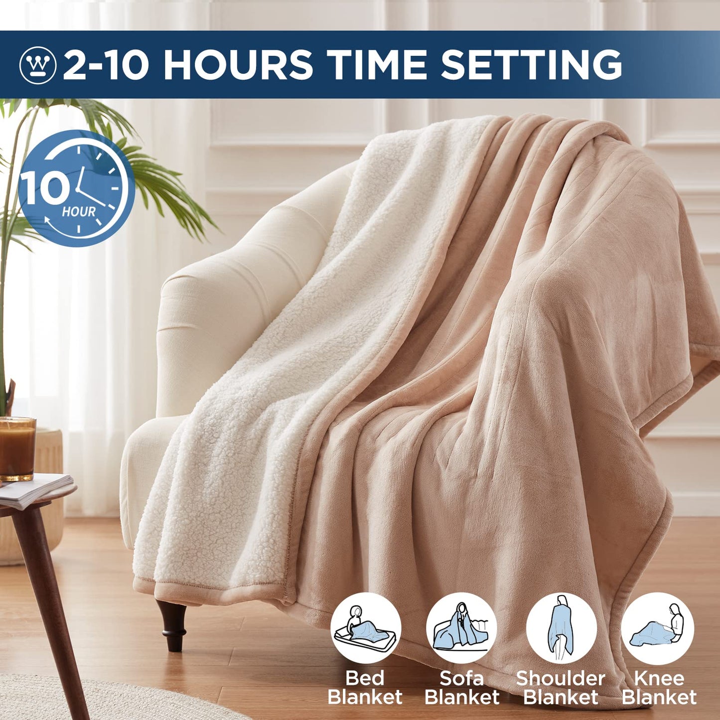 Westinghouse Electric Blanket Throw Heated Blanket with 6 Heating Levels and 2-10 Hours Time Settings, Flannel to Sherpa Super Cozy Heated Blanket Machine Washable, 50x60 inch, Beige
