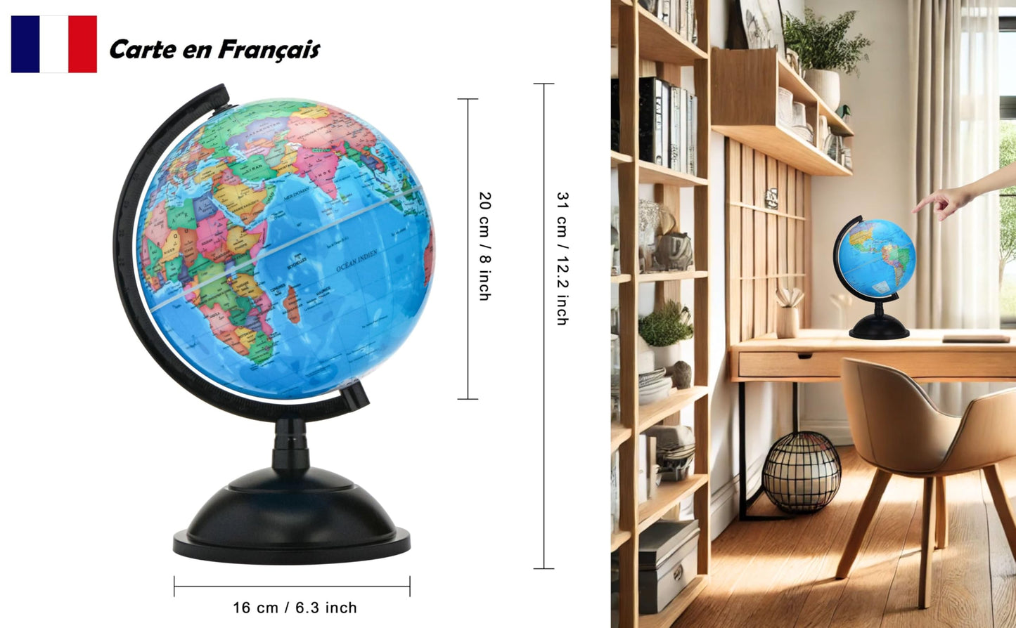 Exerz 20cm Globe Terrestre - Carte en Français - 20cm World Globe in French - Garte politique/éducative/géographique