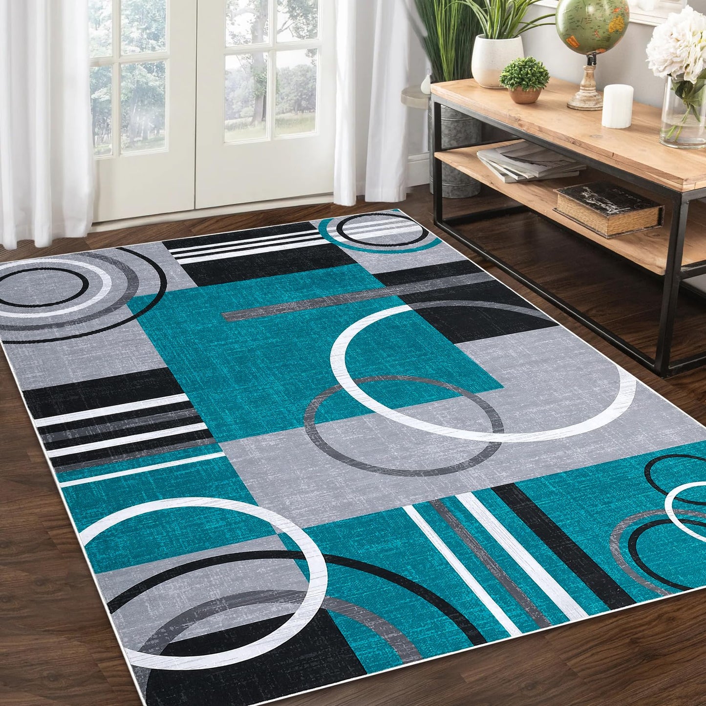 RUGSREAL Washable Area Rug 5x7 Abstract Circles Non Slip Floor Carpet Contemporary Soft Low Pile Accent for Indoor Living Dining Room, Turquoise