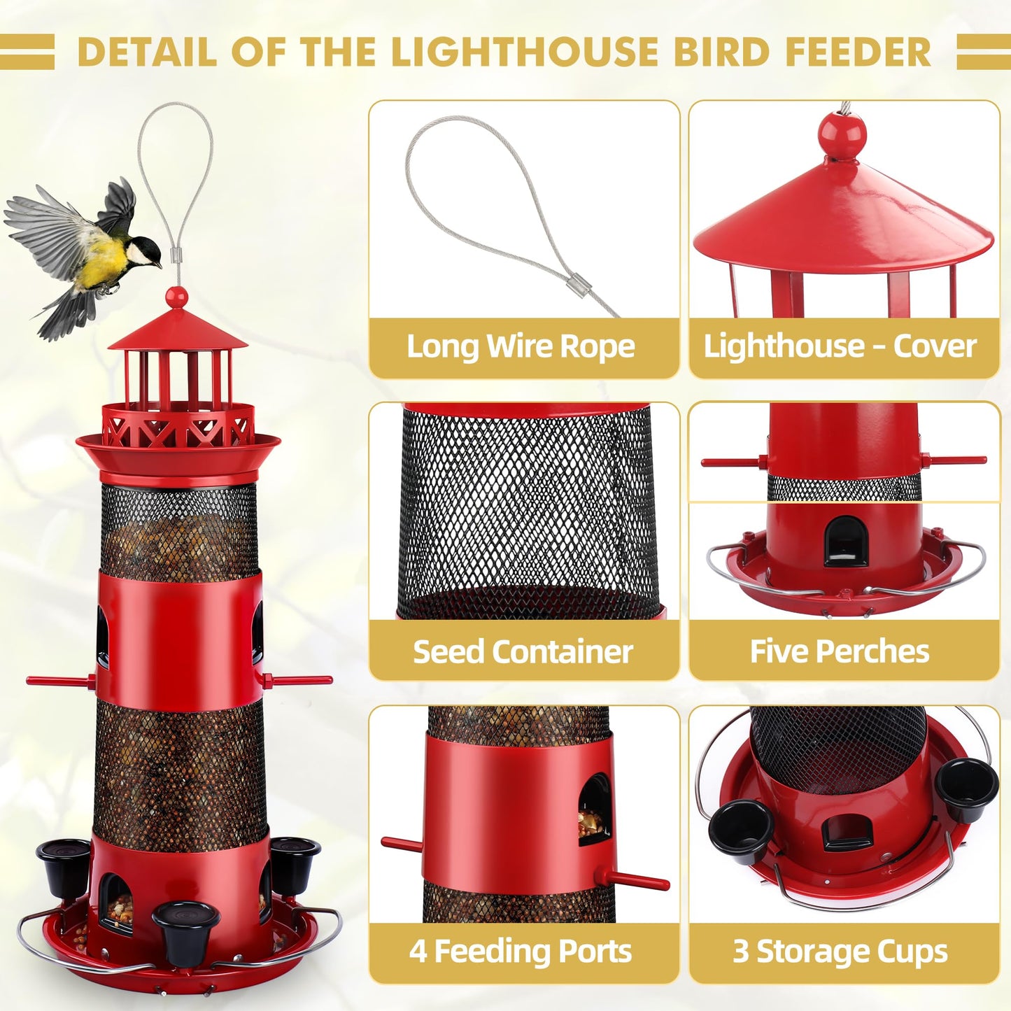 Decflow Bird Feeders for Outdoors Hanging, Wild Bird Feeder for Outside Bird with Three Water Cups, 4 lbs Large Capacity Durable Metal Bird Seed Feeder for Small Birds
