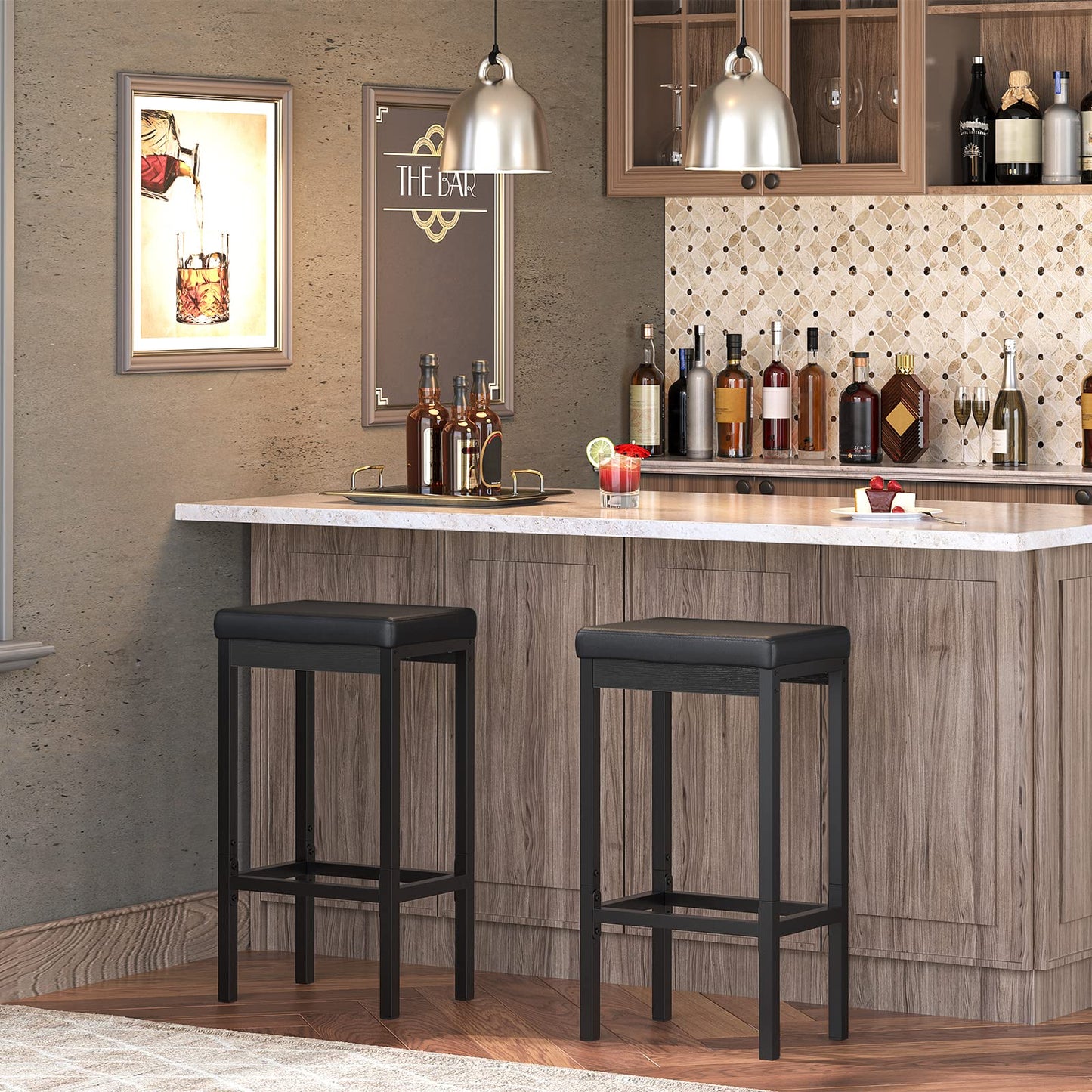 HOOBRO Bar Stools, Set of 2 Bar Chairs, 63 cm Height Stools, Breakfast Bar Stools, Kitchen Bar Chairs, 5 cm Thick Upholstery, for Kitchen, Dining Room, Cafe, Bar Counter, Black BB21BY01