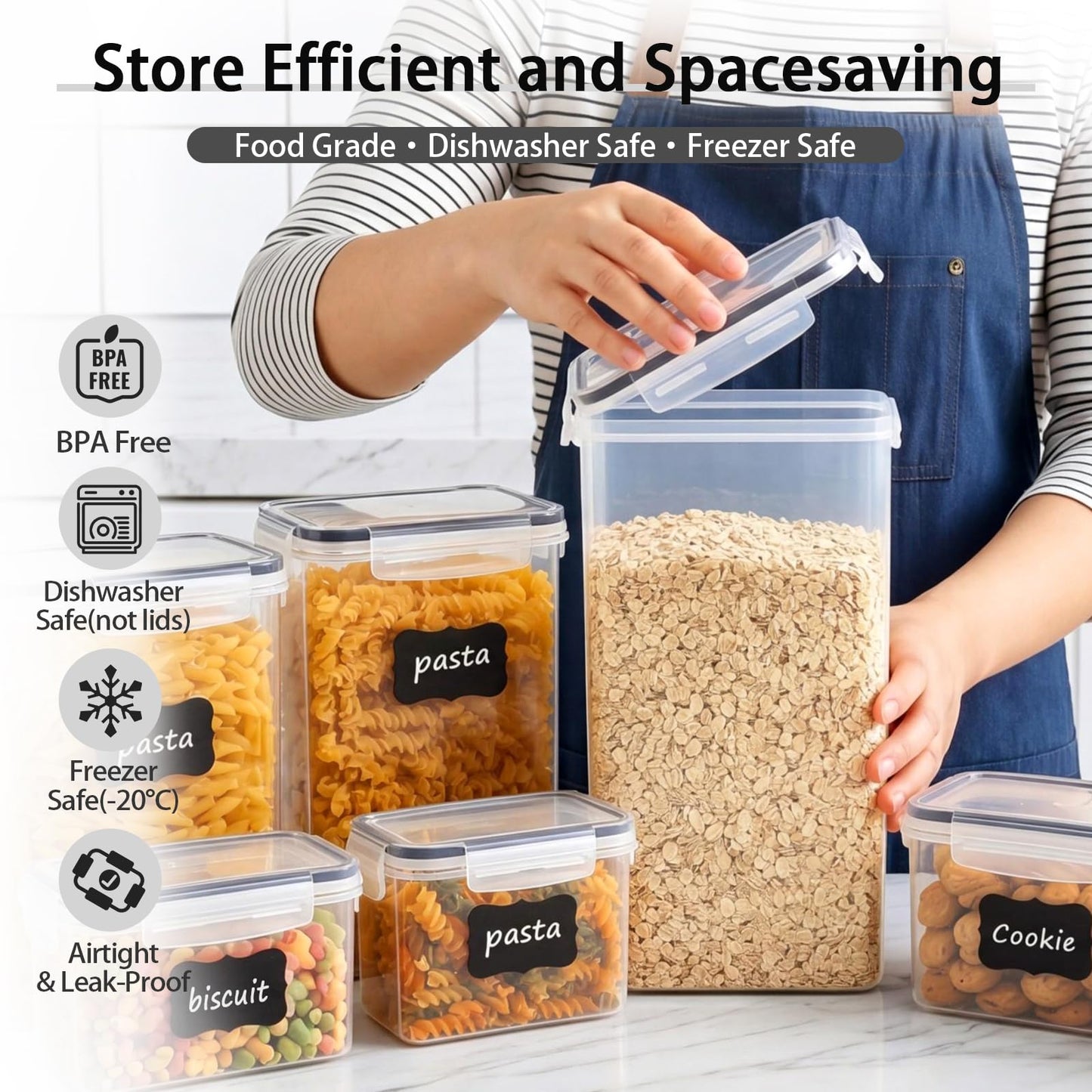 Asnews 15 PCS Airtight Food Storage Containers with Lids, Plastic Kitchen and Organization Canisters for Cereal, Dry Food, Flour and Sugar, BPA-Free, PVC-Free, Includes Labels & Marker