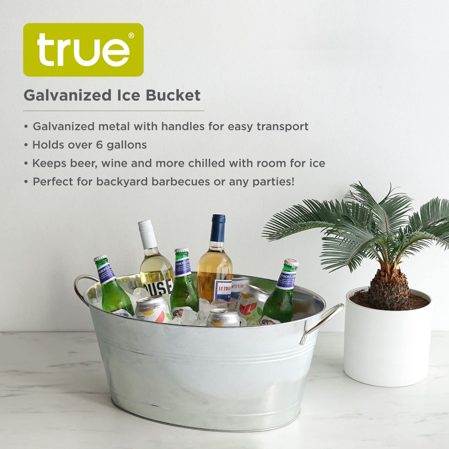 True Classic Oval Ice Bucket, Galvanized Metal Drink Cooler Beverage Tub, Chill Wine & Beer, 6.3 for Home Parties Gallons, 22.75" x 9.25" ,Silver, 6.3 gallons