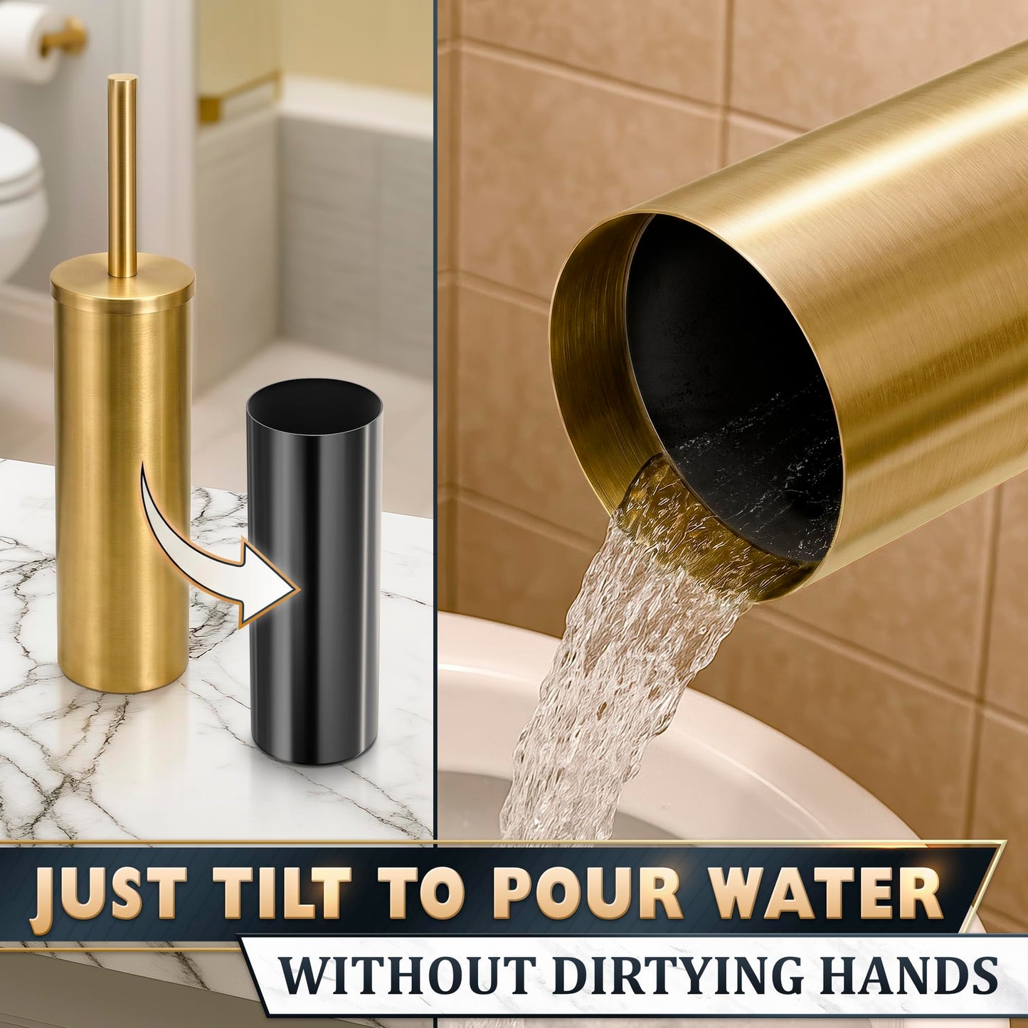 Novsix Stainless Steel Toilet Brush and Holder for Bathroom Toilet Bowl Cleaner Brush Set, Brushed Gold