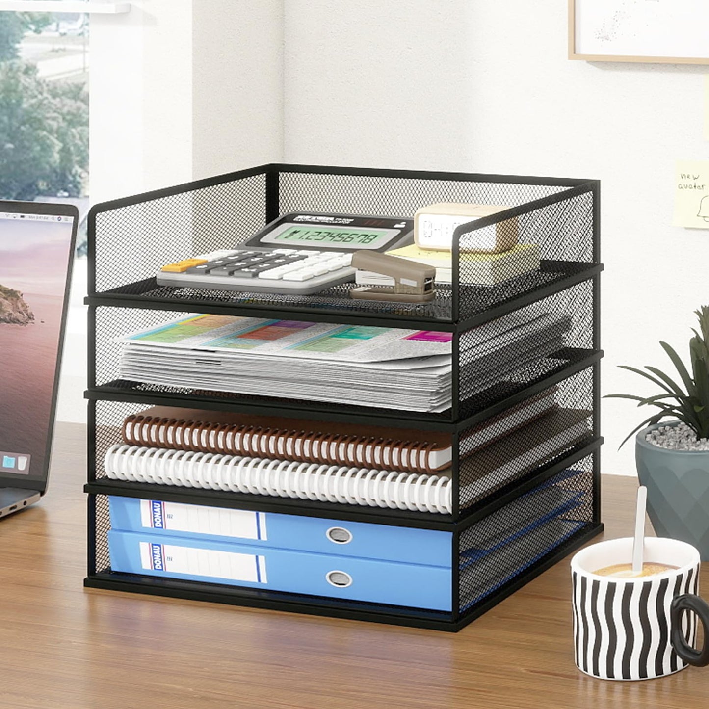 Natwind 4 Tier Stackable Paper Trays for Letter Documents, Desktop File Organizers for Office Supplies, Metal Mesh Desk Organizer，Office Organizer，Letter Trays for Home, Office, School，Black