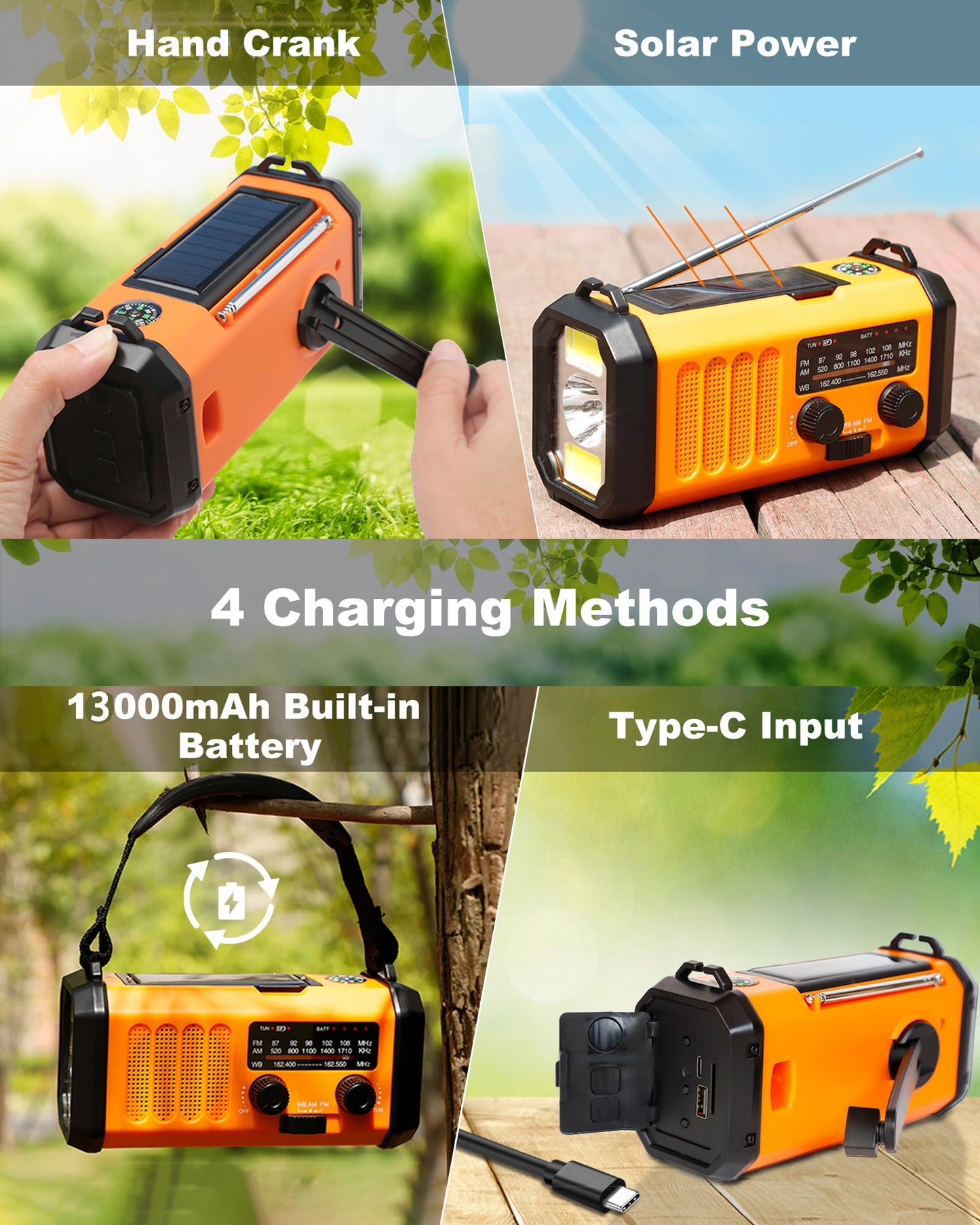 48100mWh/13000mAh Emergency Weather Radio, 4 Way Powered AM/FM/NOAA Portable Solar Crank Radio, Dynamo Phone Charger,700LM LED Flashlight/Reading Lamp,SOS,Compass for Hurricane Storm Camping Survival