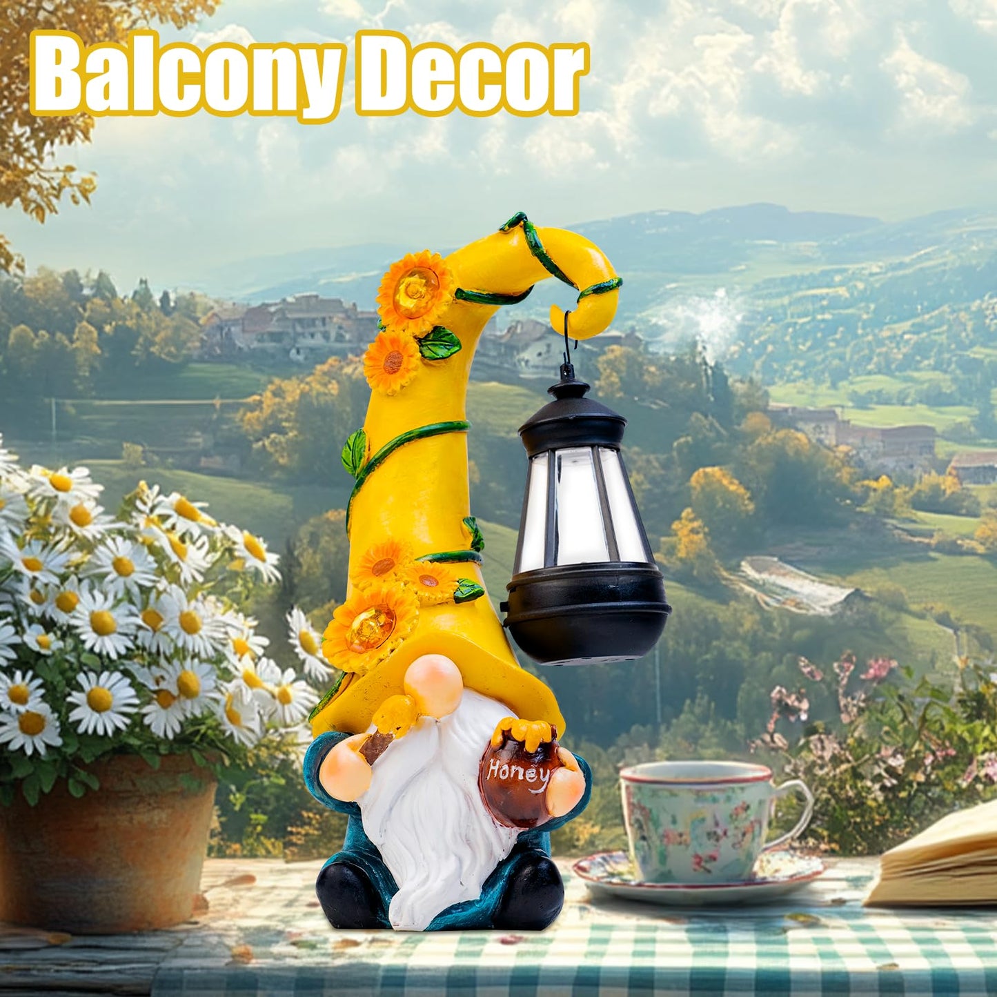 twinbling Birthday Gifts for Mom Grandma 12" Solar Fall Gnome Sunflower Garden Statues Honey Bee Jar Decor with LED Lantern Outdoor Summer Gnomes Decorations Patio Yard Balcony Art Gifts for Women