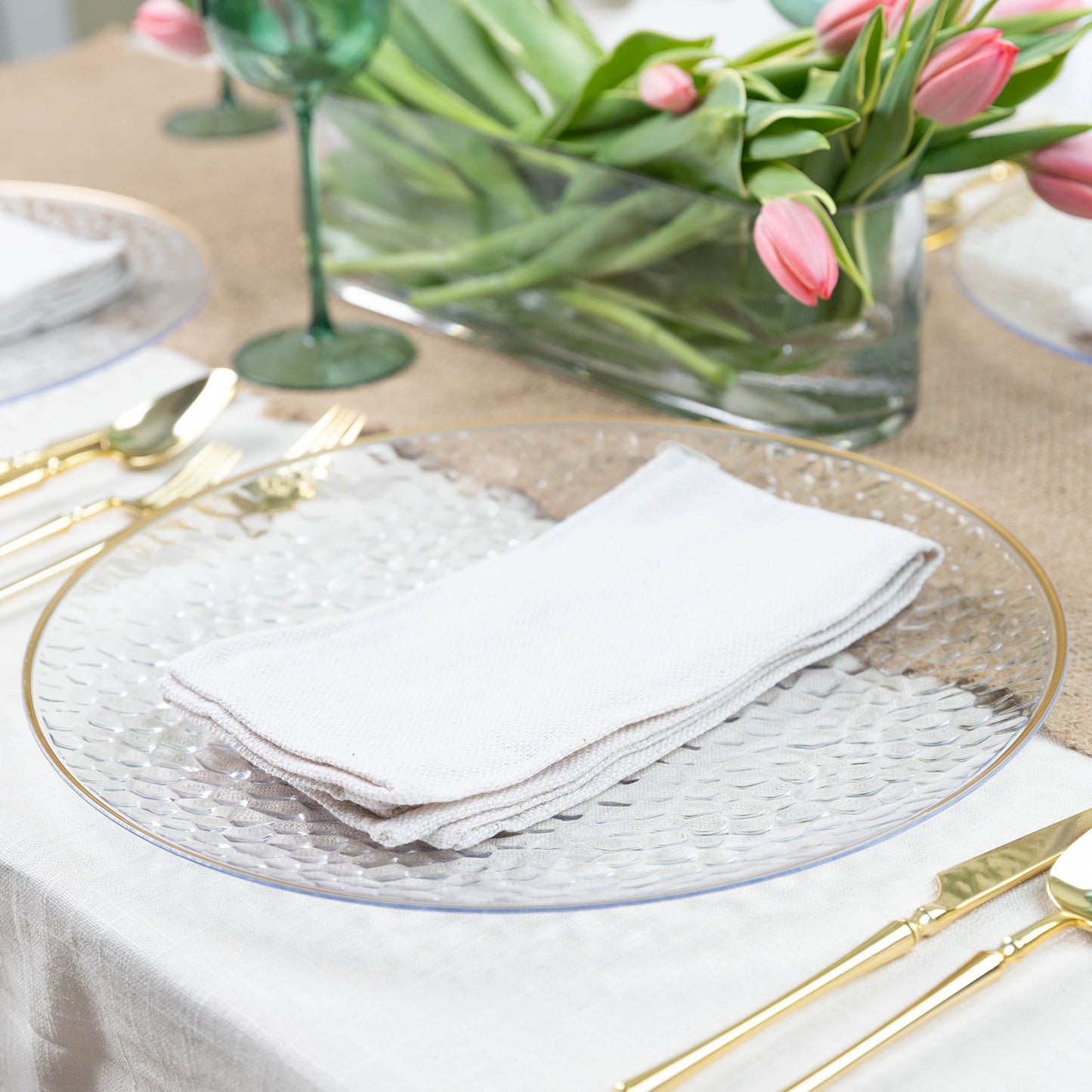 [Clear Hammered With Gold Rim 8 Pack] 13'' Charger Plates Clear Hammered With Gold Rim Plastic Heavy Duty Disposable Dinner Chargers Serveware Dishes Platters Tableware for parties, Weddings