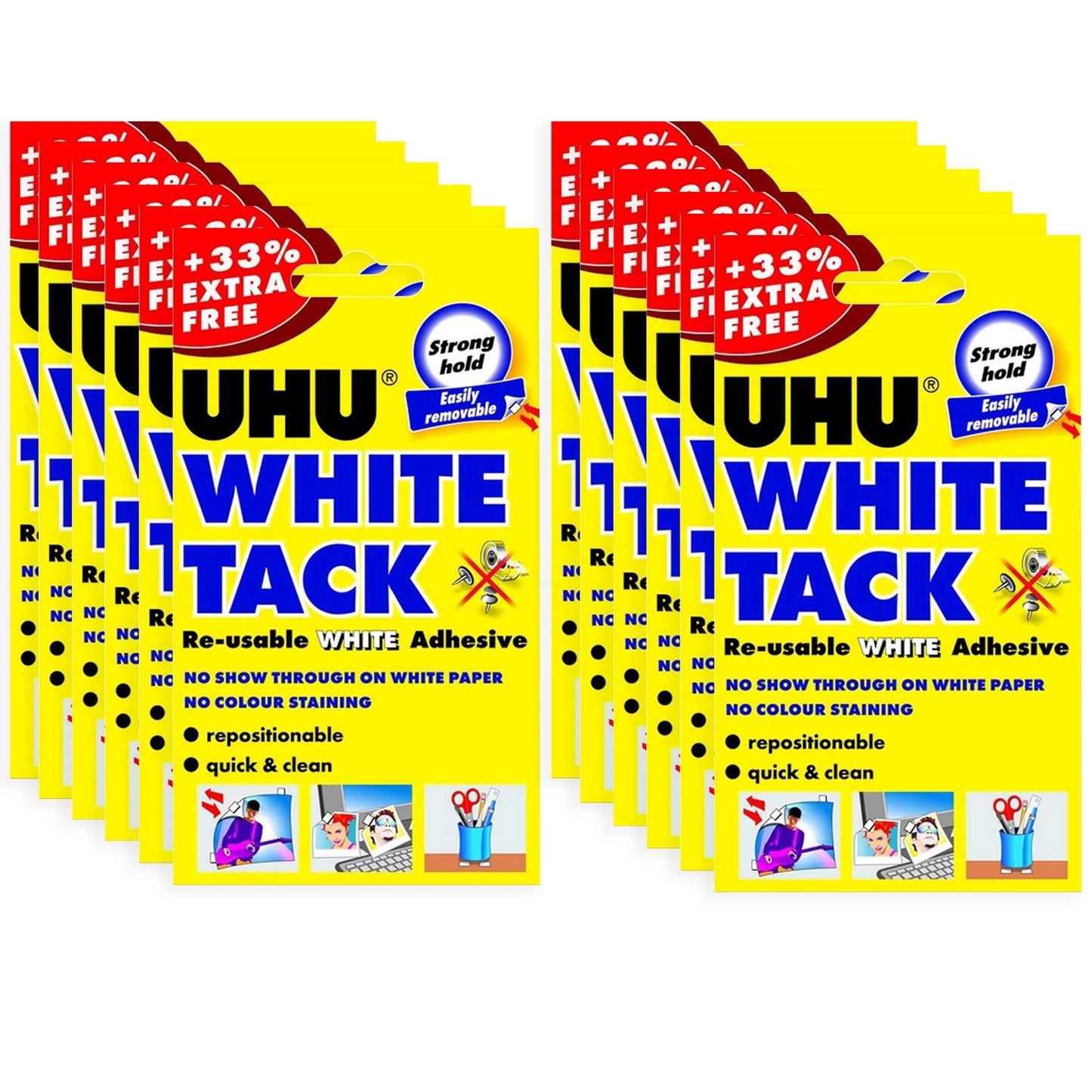 UHU White Tack - Sticky Reusable Adhesive Putty - Pack of 12