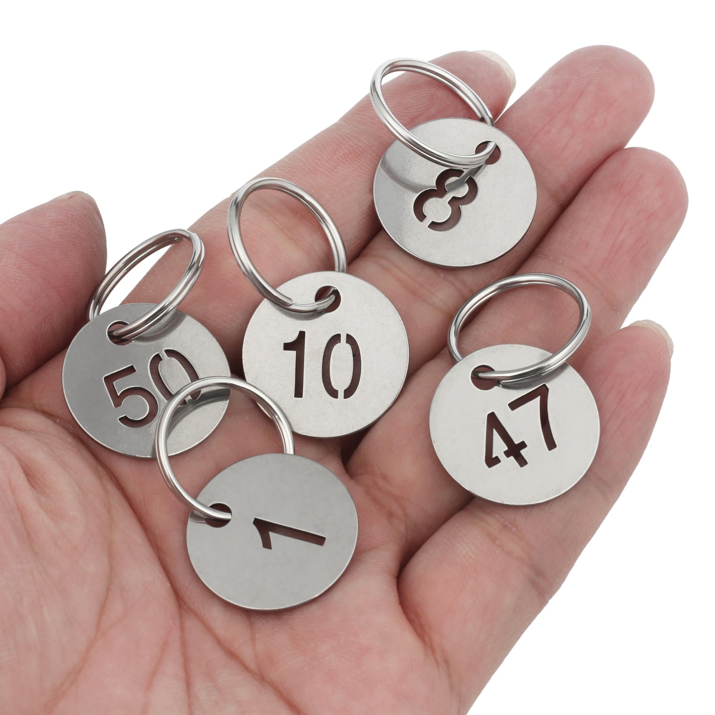 NumRealm Number Labels with Rings, Stainless Steel Numbered Key Tags, Metal Number Tags, Keychain Labels - 1 to 100