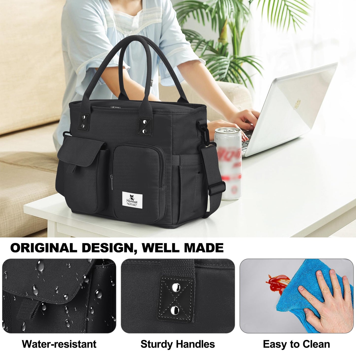 Hafmall Large Insulated Lunch Bag for Women Men, Leakproof Wide Opening Lunch Box for Adults, Reusable Lunch Tote Bag with Shoulder Strap, Womens Lunch Bag for Work, Picnic, Black