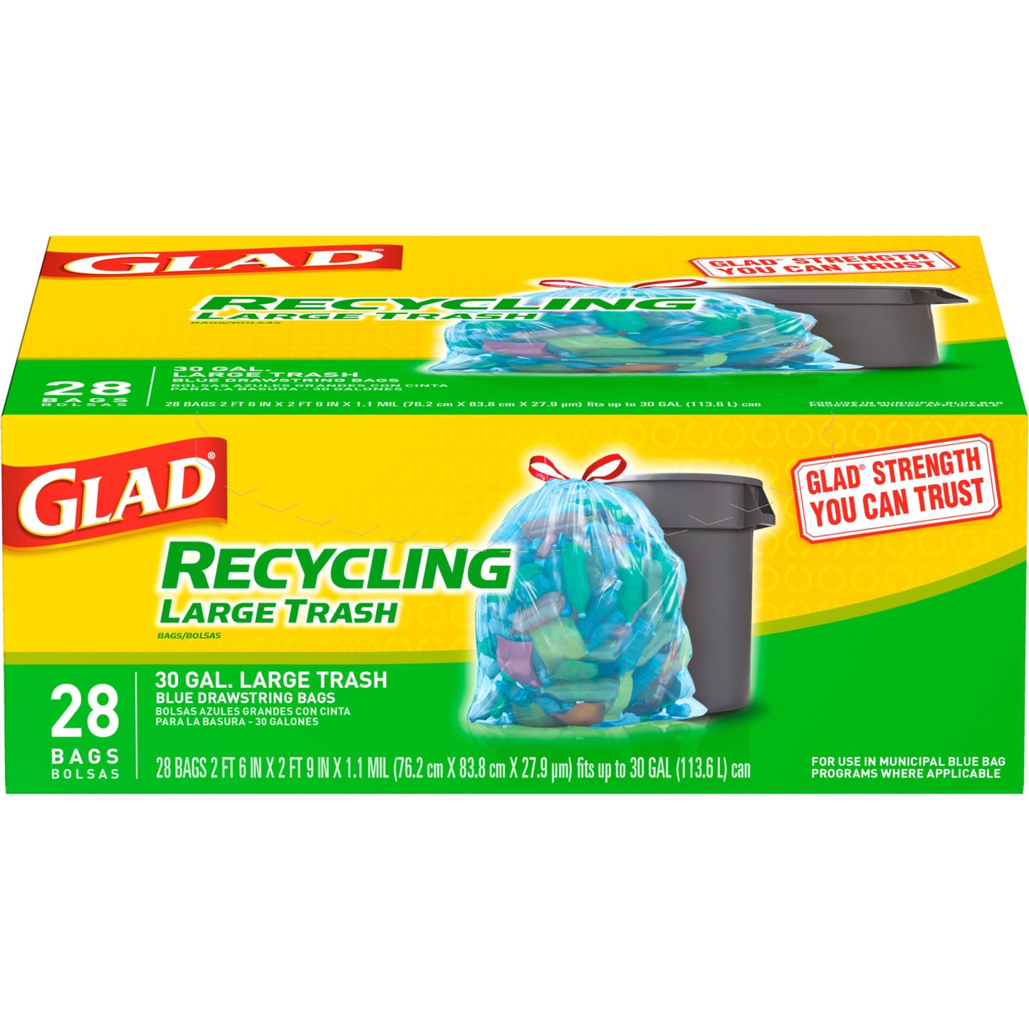 Glad Large Drawstring Recycling Bags - 30 Gallon Blue Trash Bag - 28 Count