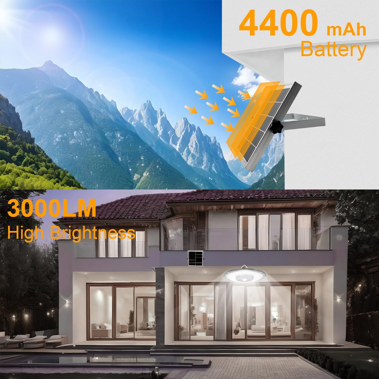 Solar Pendant UFO Light 3000LM, Gazebo Indoor Outdoor Motion Sensor Dimmable Brightness Remote Control Waterproof for Patio Porch Garage Lights