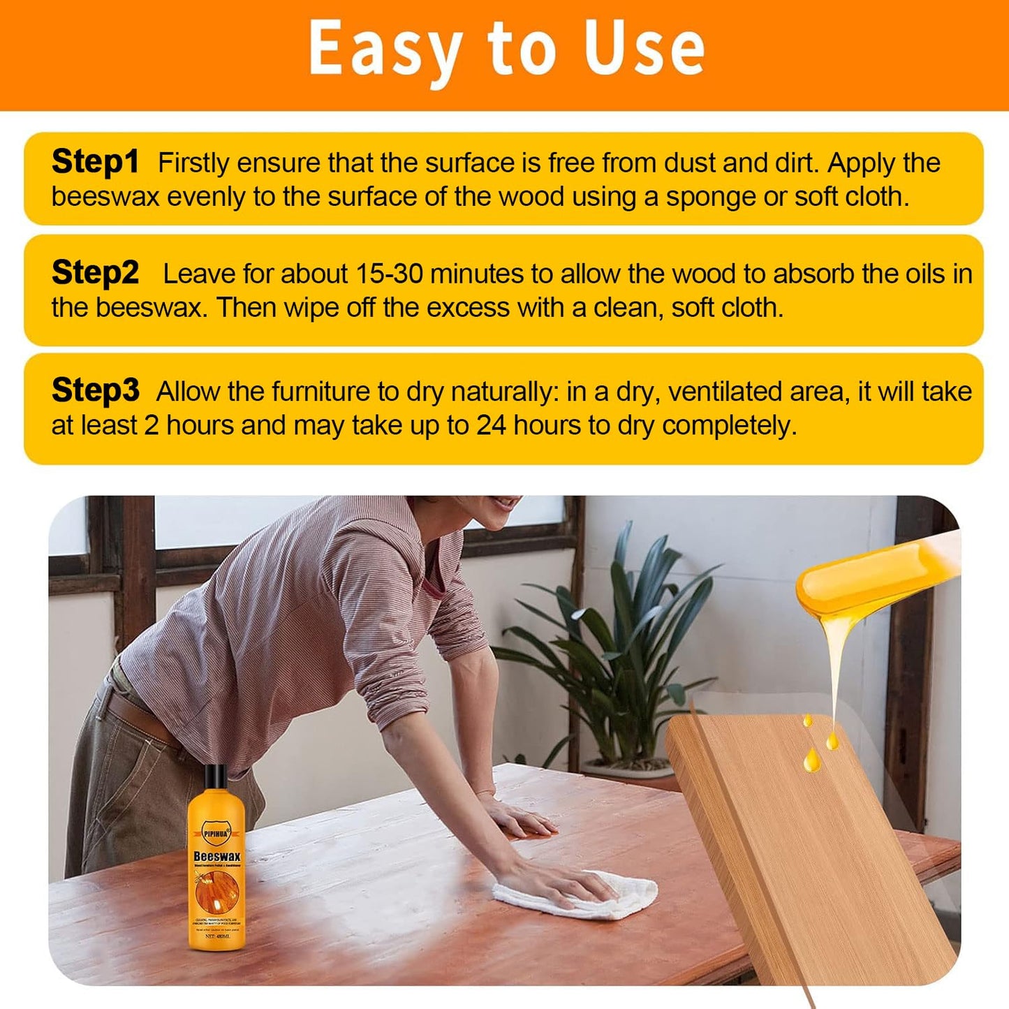 PIPIHUA Beeswax Furniture Polish Wood, Natural Wood Oil Colourless for Furniture Care & Protection for Interior and Exterior 480ml, 2Pack