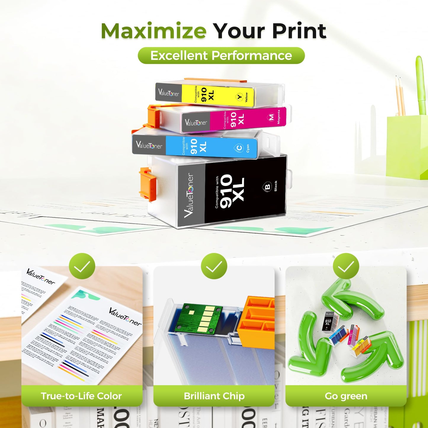 4 Pack 910XL 910 Ink Cartridges for HP 8010 Ink Compatible Replacement for OfficeJet Pro 8020, 8022, 8025, 8028, 8035, OfficeJet 8010, 8015, 8018 Printer (Black & Color)