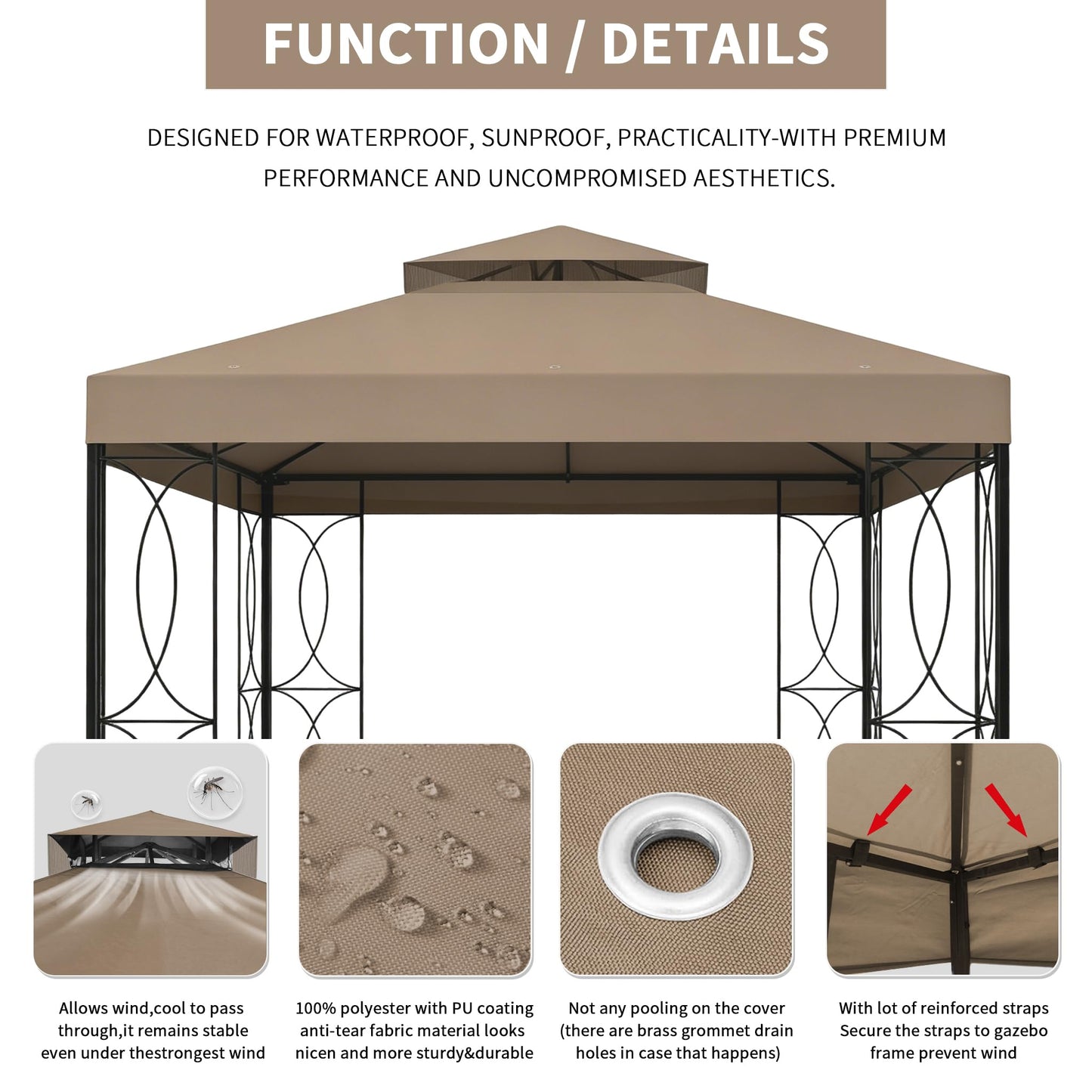 8'x8' Khaki Double Tier Replacement Cover Compatible with Crawford 8x8 Gazebo L-GZ385PST,A101003000#088-1067-8 with SPF30+,Waterproof