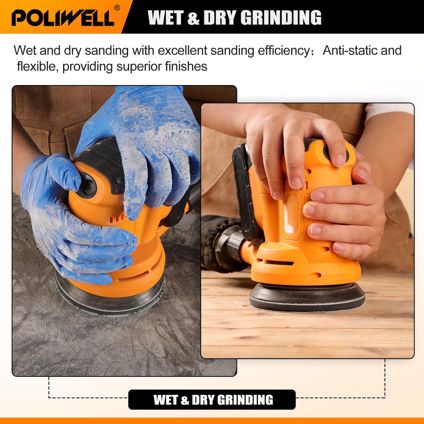 POLIWELL 120pcs 5 Inch Sanding Discs Hook & Loop 8 Holes Wet Dry 320 400 600 800 1000 2000 3000 Grit Orbital Sandpaper with 2pcs Interface Pads, Silicon Carbide Round Flocking Sandpaper