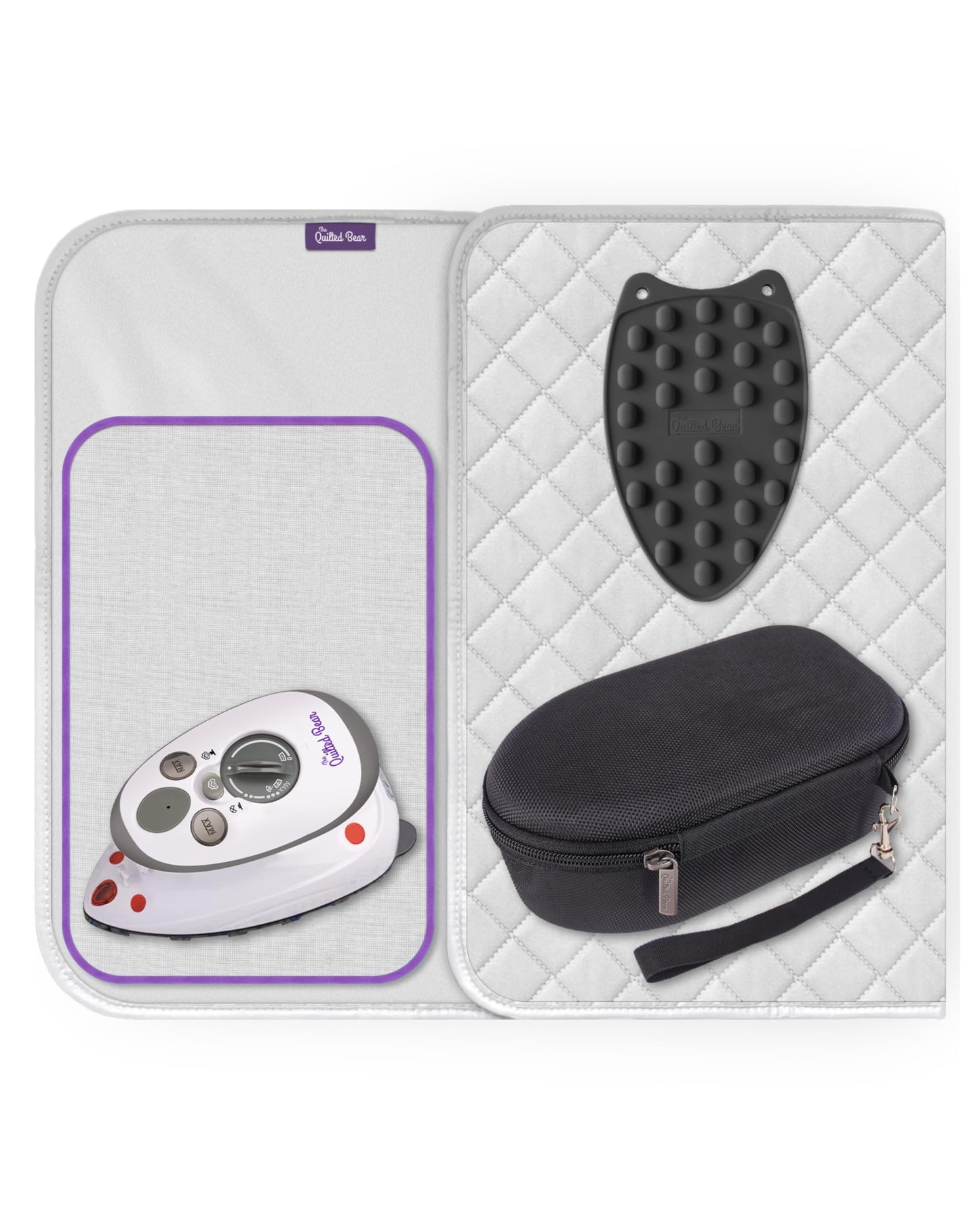 The Quilted Bear Mini Iron, Iron Rest & Ironing Mat - Lightweight Mini Steam Iron with Hard Shell Travel Case, Heat Resistant Silicone Iron Rest & Travel Ironing Mat (Black)