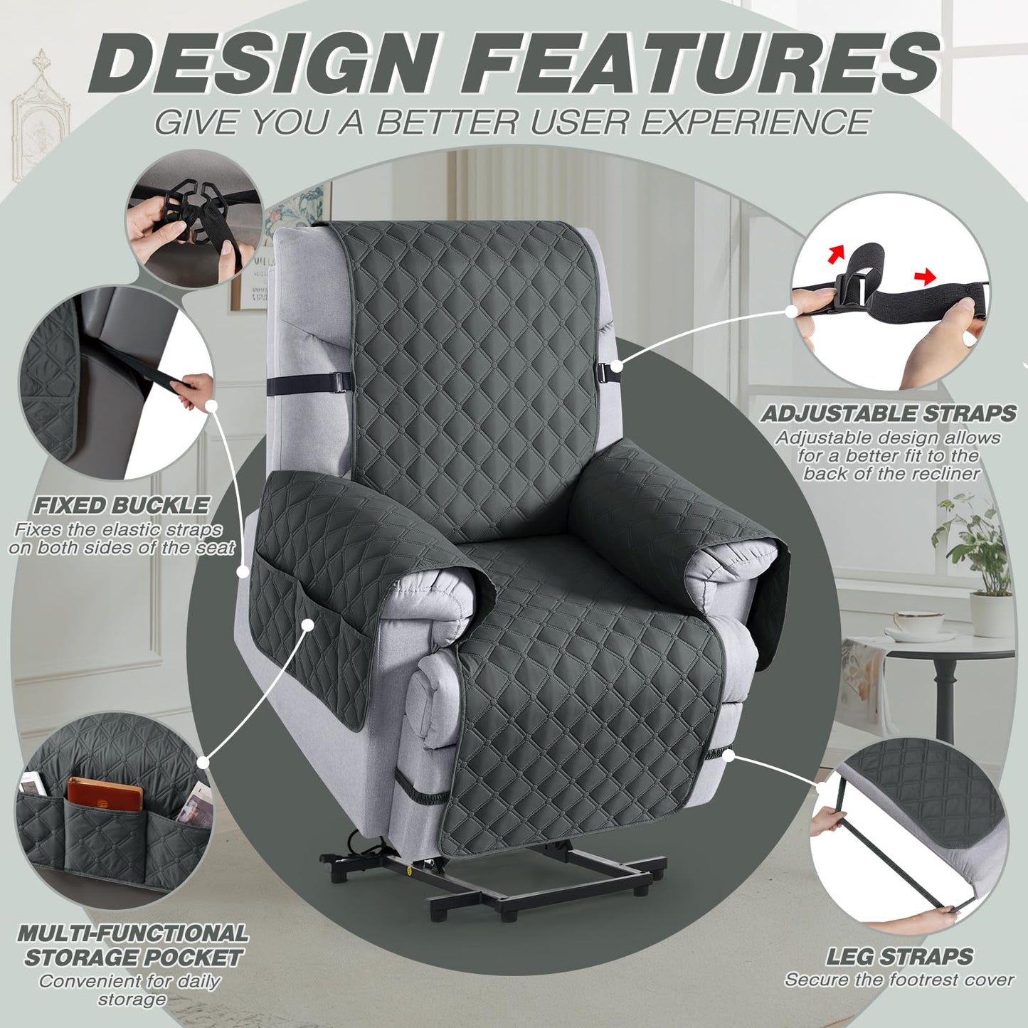 TAOCOCO 100% Waterproof Recliner Chair Covers, Recliner Sofa Covers with Leg Straps, Reversible Reclining Couch Cover for Recliner, Washable Couch Protector for Pets Kids(1 Seat 22", Dark Gray)