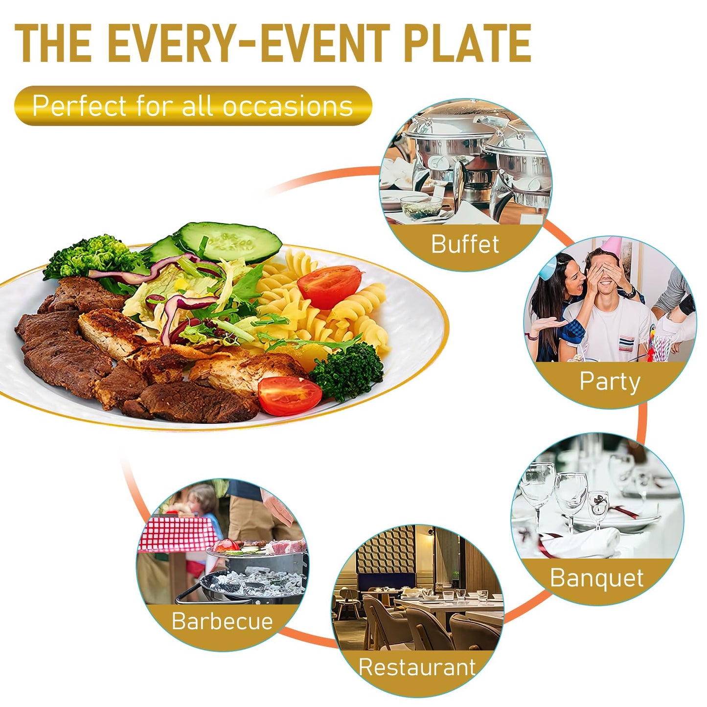 100 Pcs Hammered Plastic Plates with Gold Rim, Clear Plastic Plate 50 Disposable Heavy Duty 10 Inch Dinner Plates 50 Round 7 Inch Dessert Salad Plate for Party Wedding